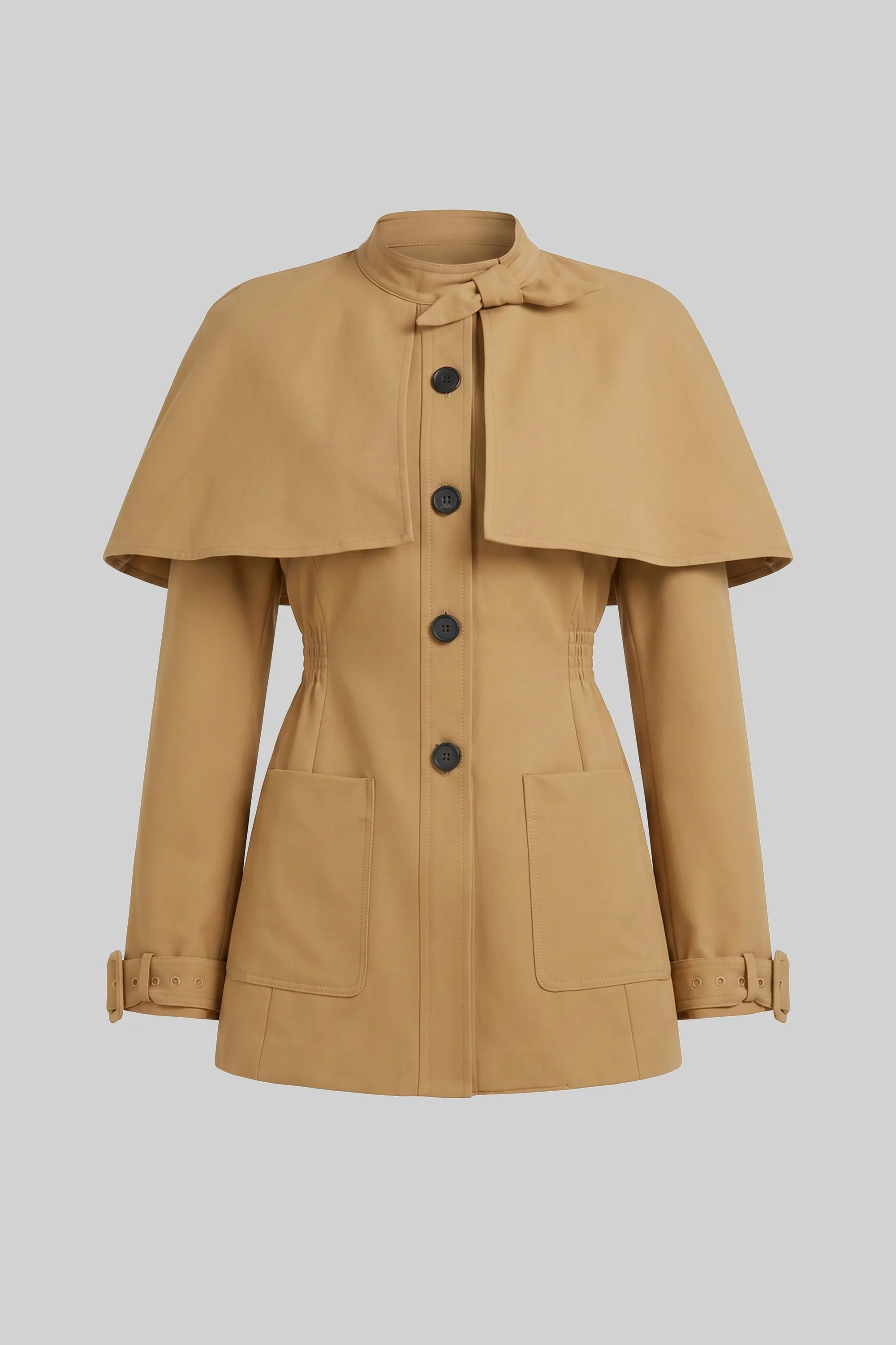 Button-Front Coat-Dress With Structured Cape Overlay - Khaki - Image 2
