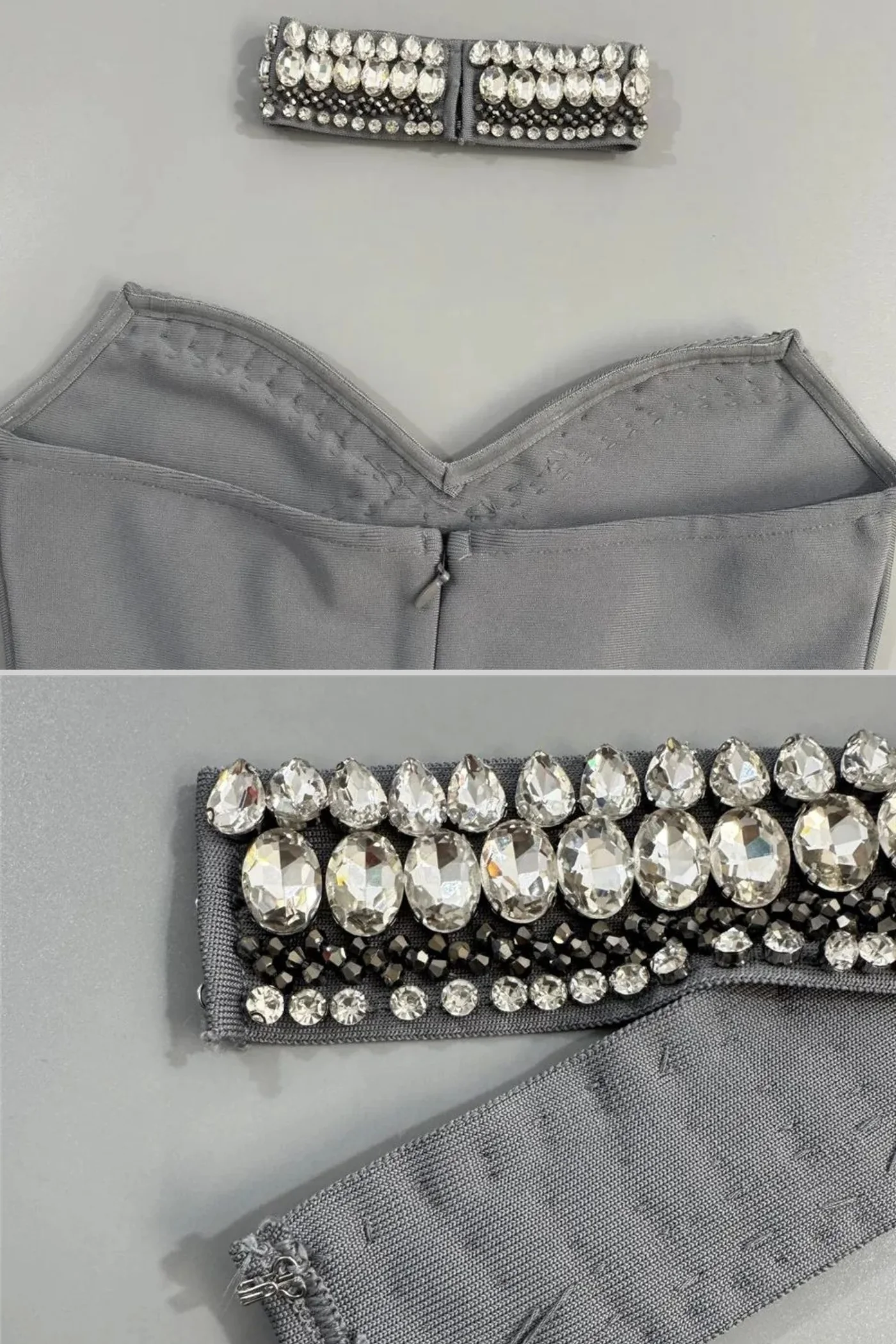 Crystal-Embellished Strapless Gown with Choker – Gray - Image 5
