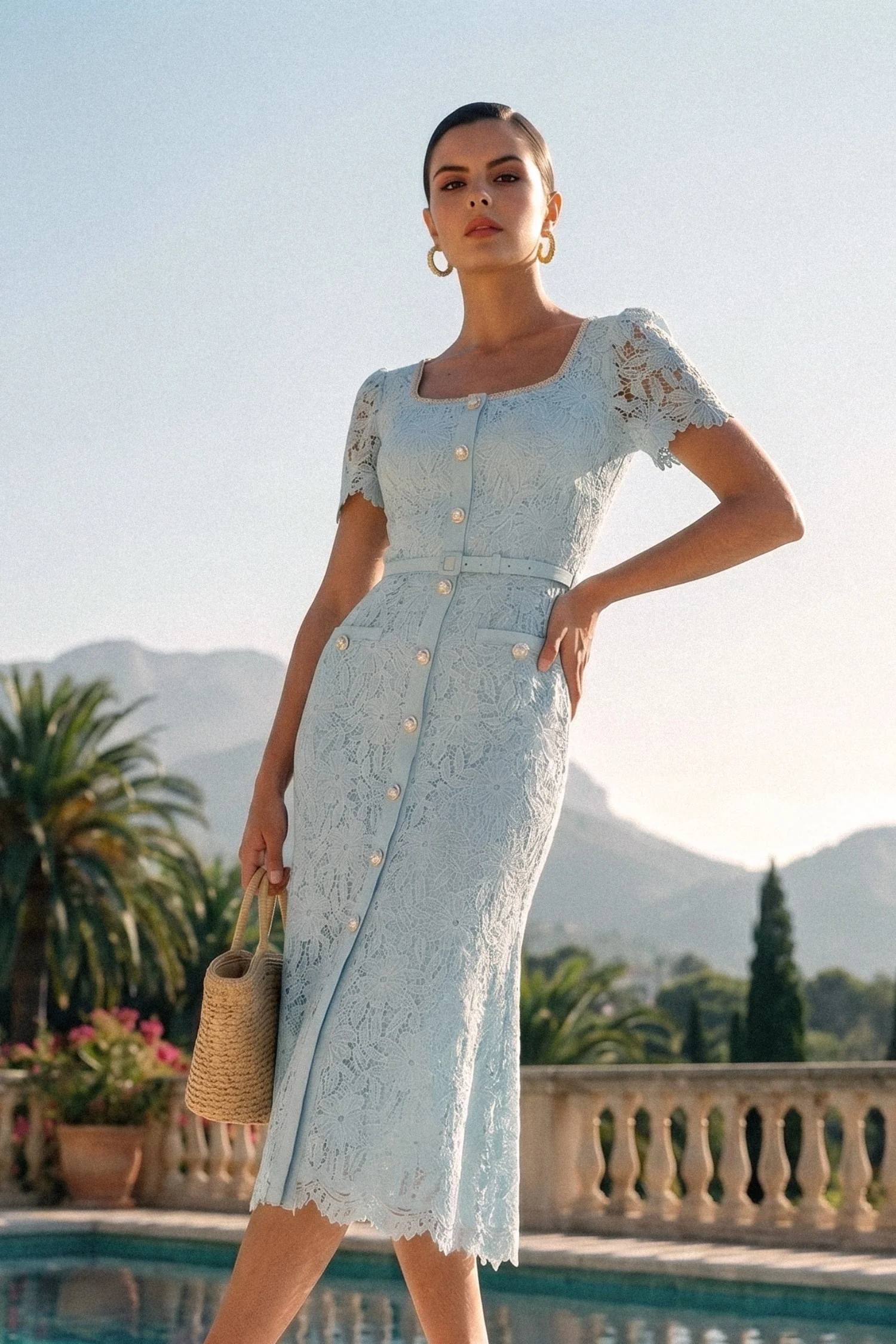 Delicate Azure Lace Midi Dress - Baby Blue - Image 3