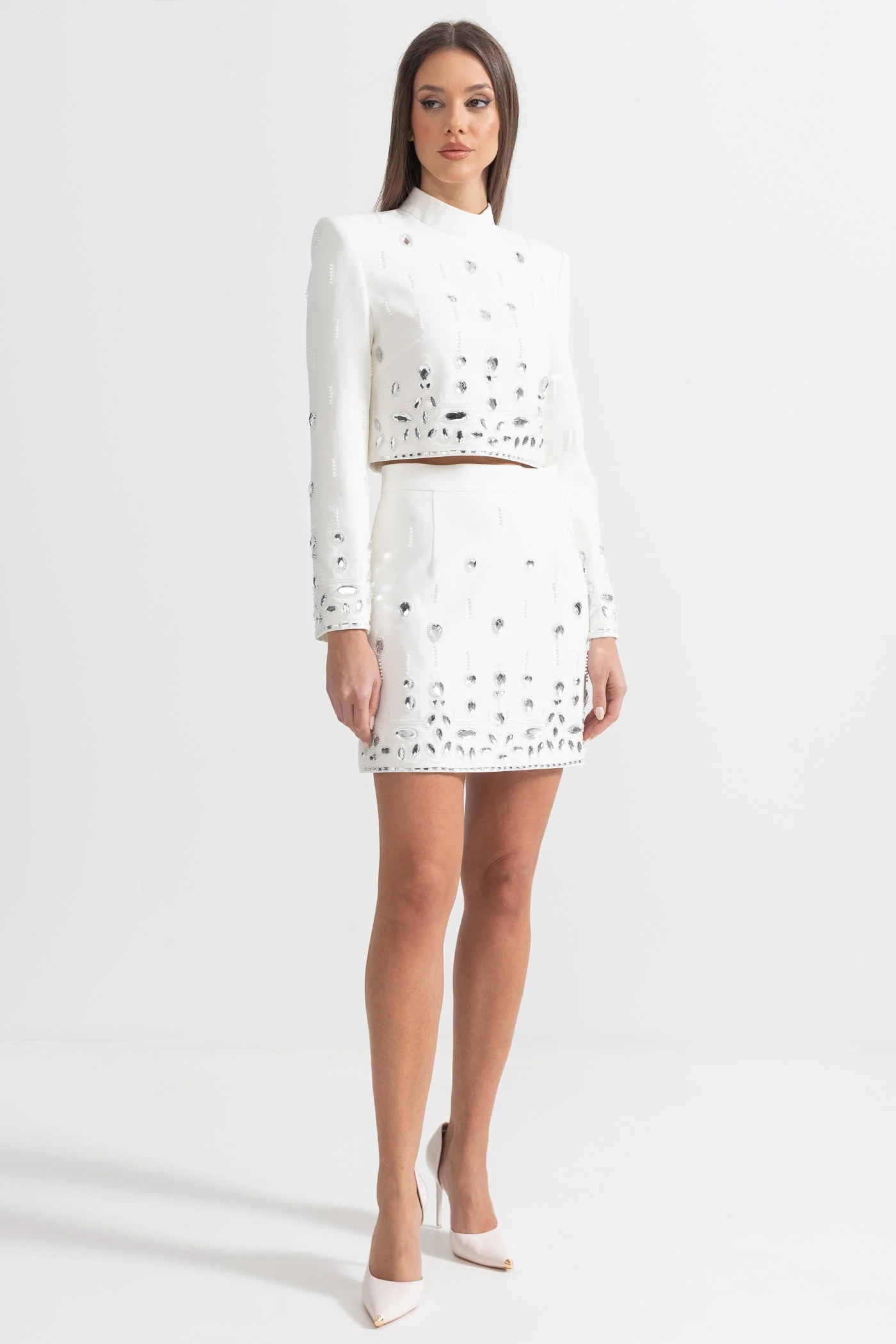 Diamond Embellished Co-Ord with Mini Skirt - White - Image 5