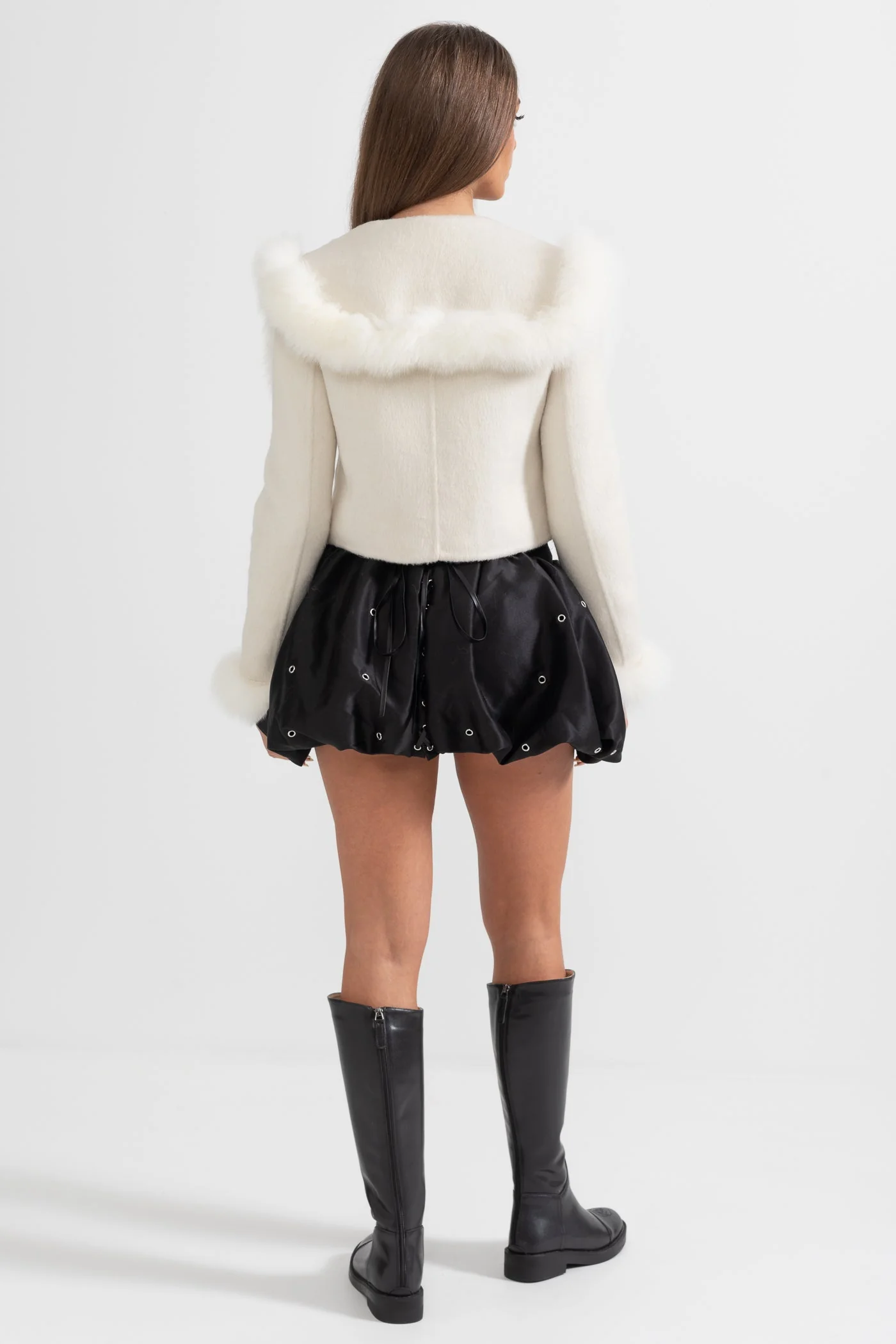 Double Breasted Cropped Jacket With Fur Collar Embellishment - White - Image 8