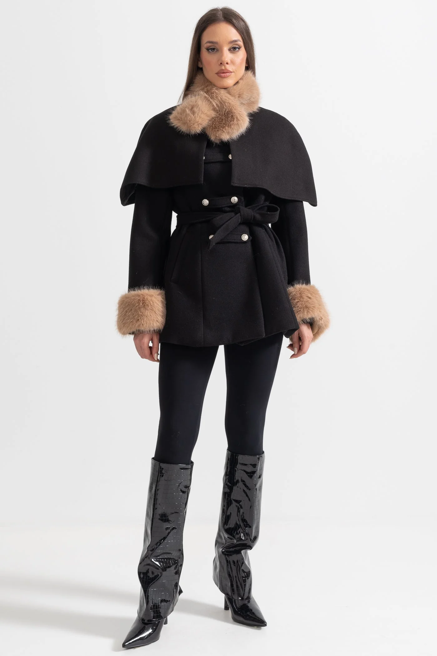 Double-Breasted Coat With Detachable Cape - Black - Image 5