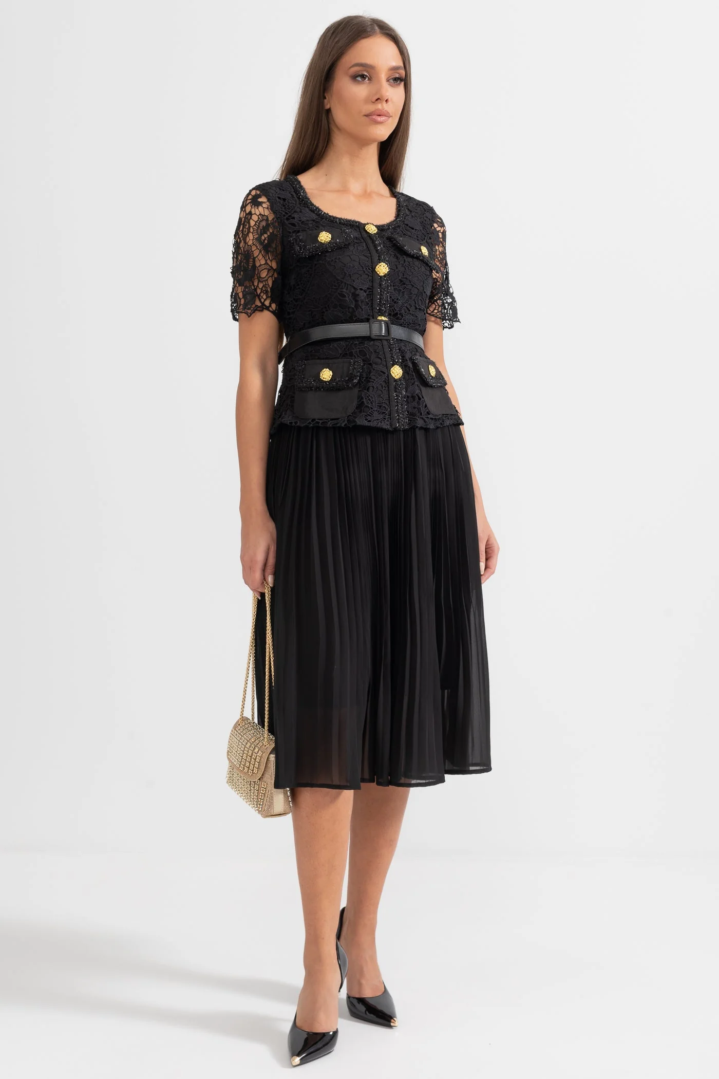 Elegant Short Sleeved Dress With Lace Top And Flared Skirt - Black - Image 3