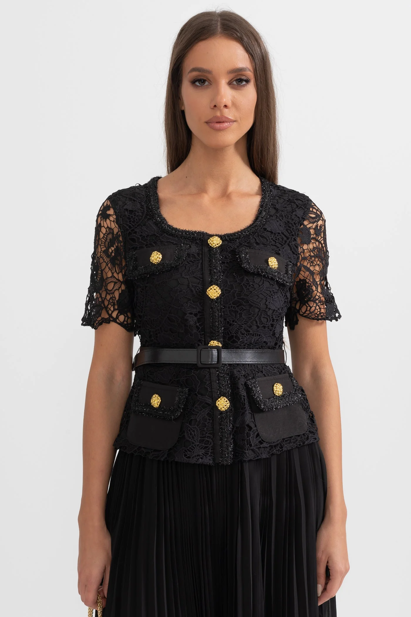 Elegant Short Sleeved Dress With Lace Top And Flared Skirt - Black - Image 4