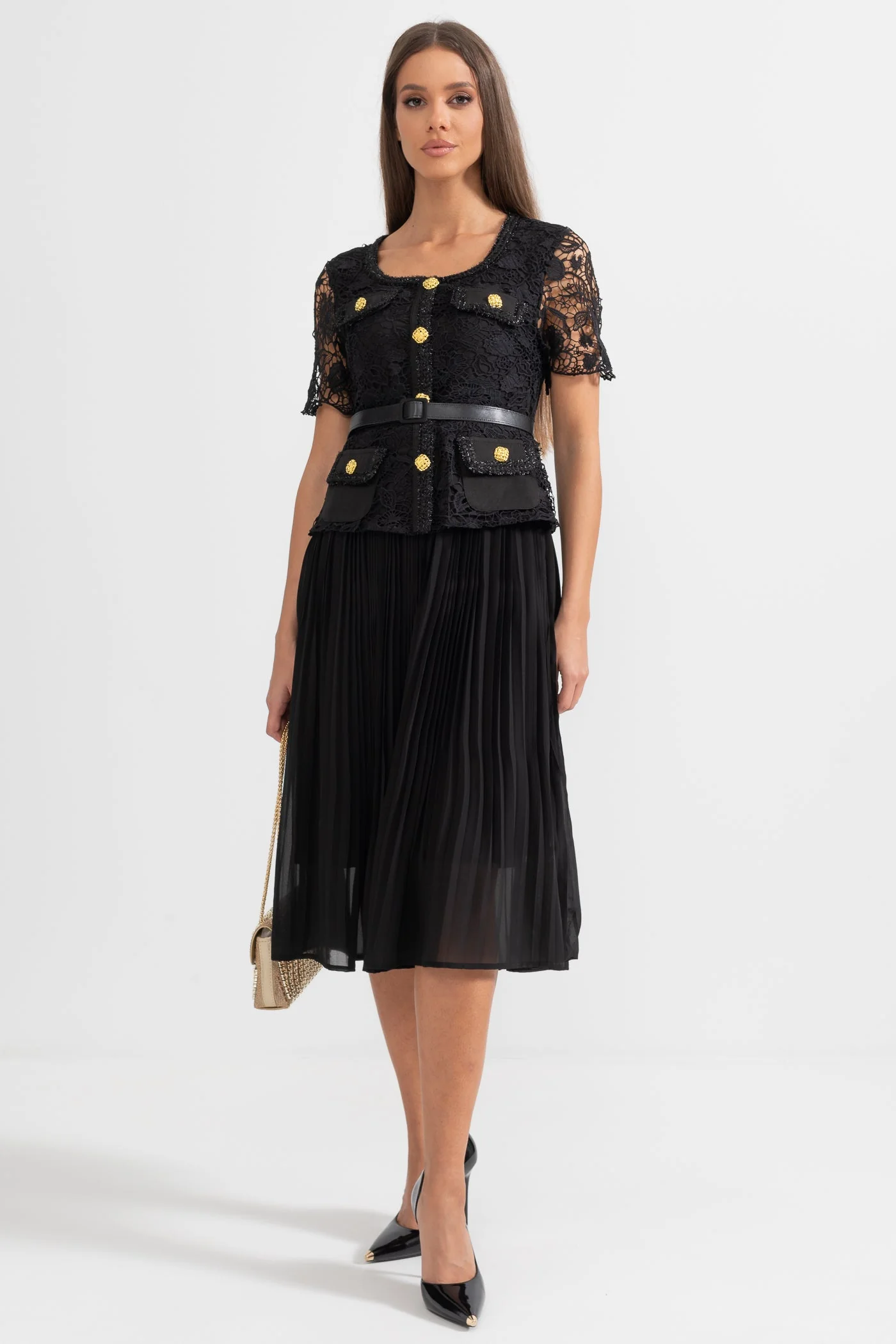 Elegant Short Sleeved Dress With Lace Top And Flared Skirt - Black - Image 6