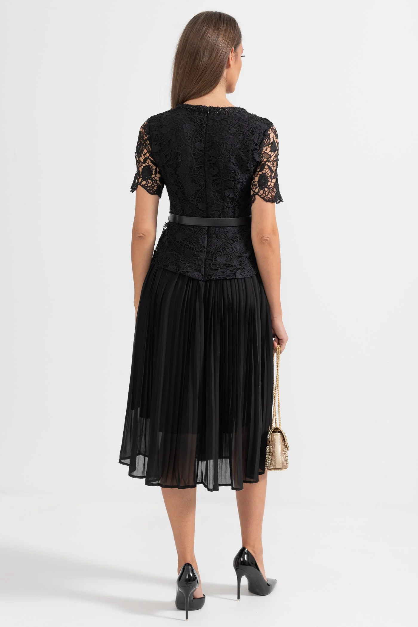 Elegant Short Sleeved Dress With Lace Top And Flared Skirt - Black - Image 7