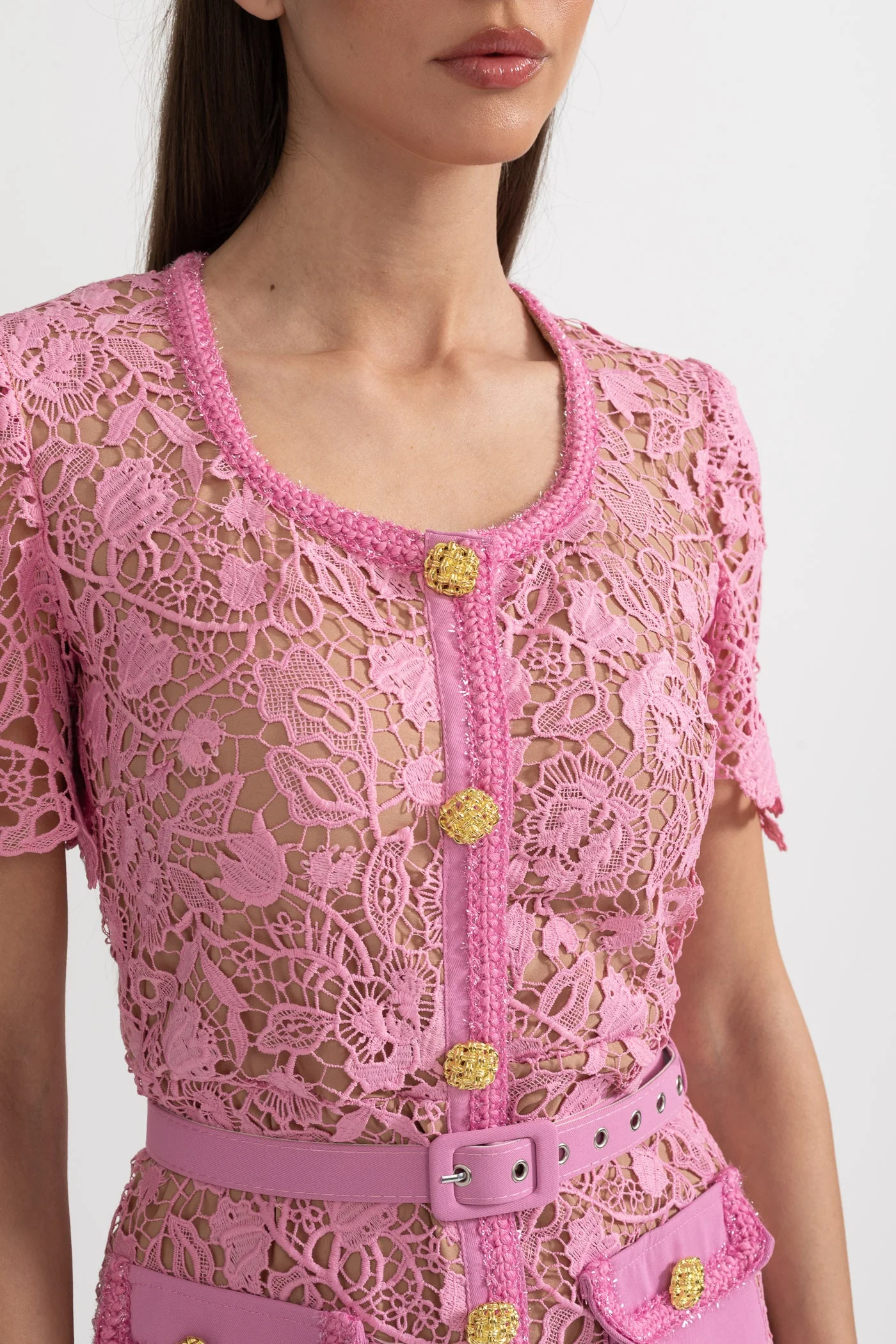 Exquisite Short Sleeve Lace Midi Dress - Rose - Image 6