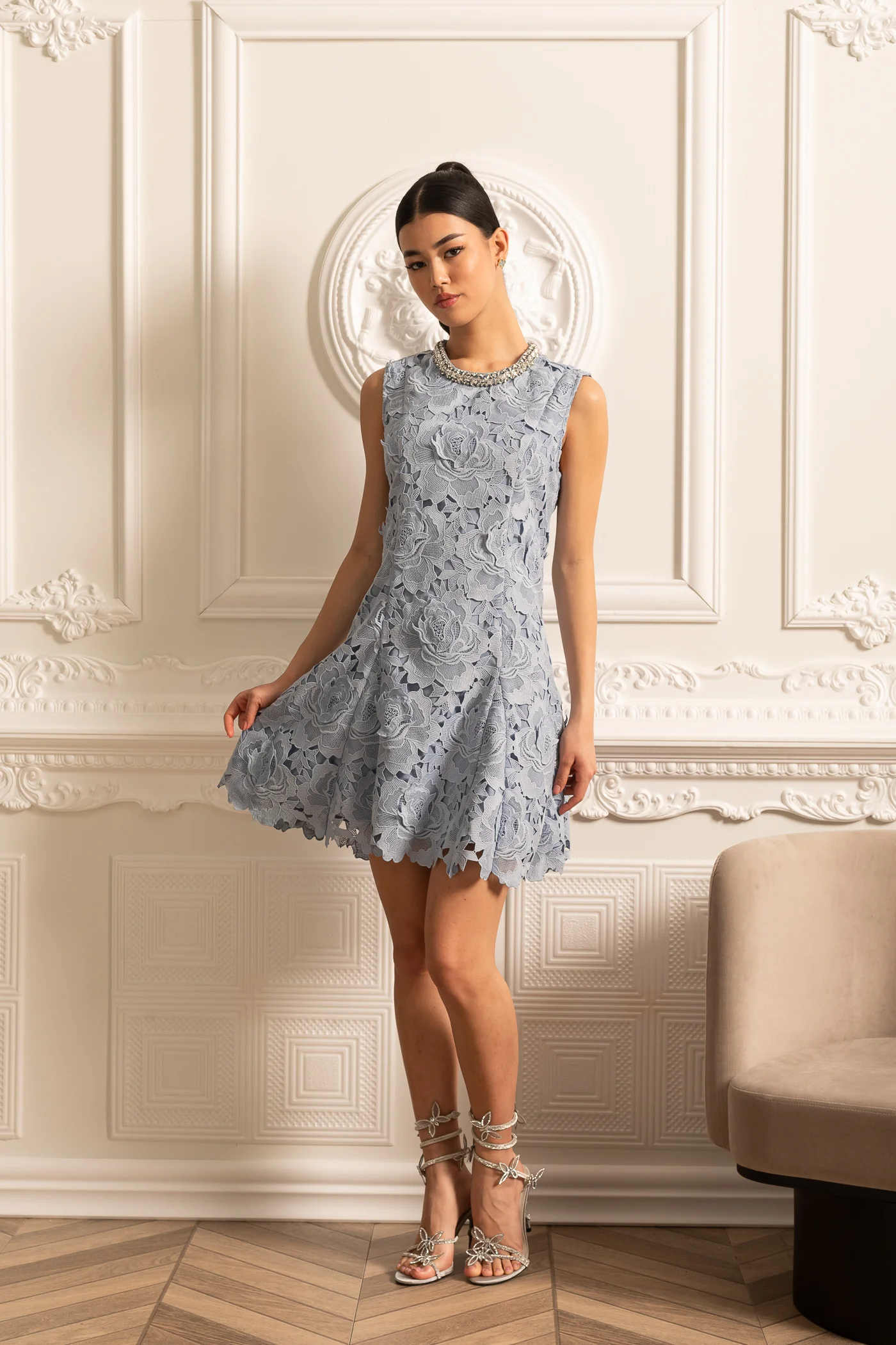 Floral Pattern Lace Mini Dress With Sparkling Neckline - Blue - Image 11