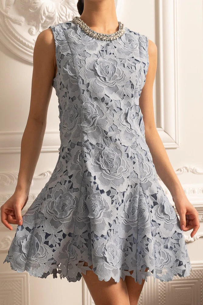 Floral Pattern Lace Mini Dress With Sparkling Neckline - Blue - Image 3