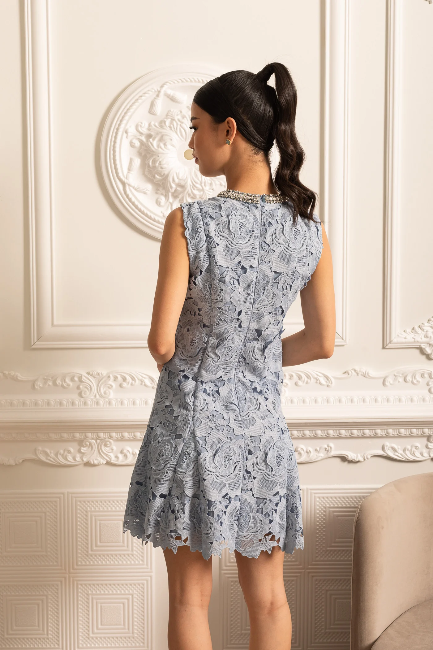 Floral Pattern Lace Mini Dress With Sparkling Neckline - Blue - Image 5