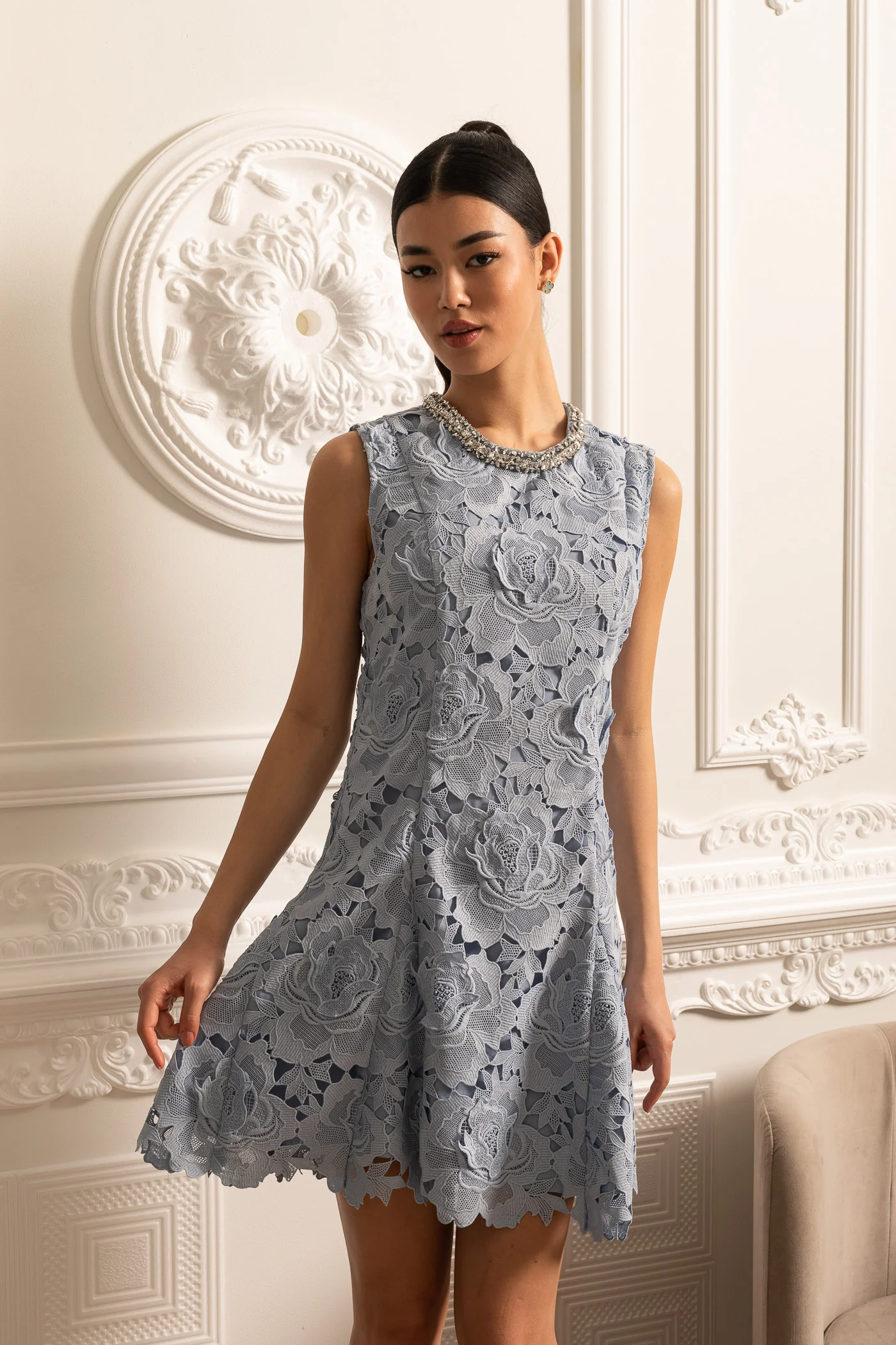 Floral Pattern Lace Mini Dress With Sparkling Neckline - Blue - Image 9