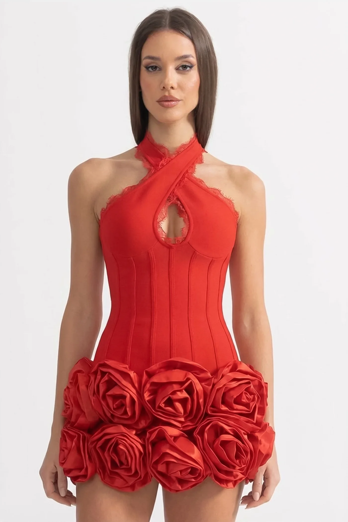 Halter Corset Mini Dress with 3D Rose Hem – Red