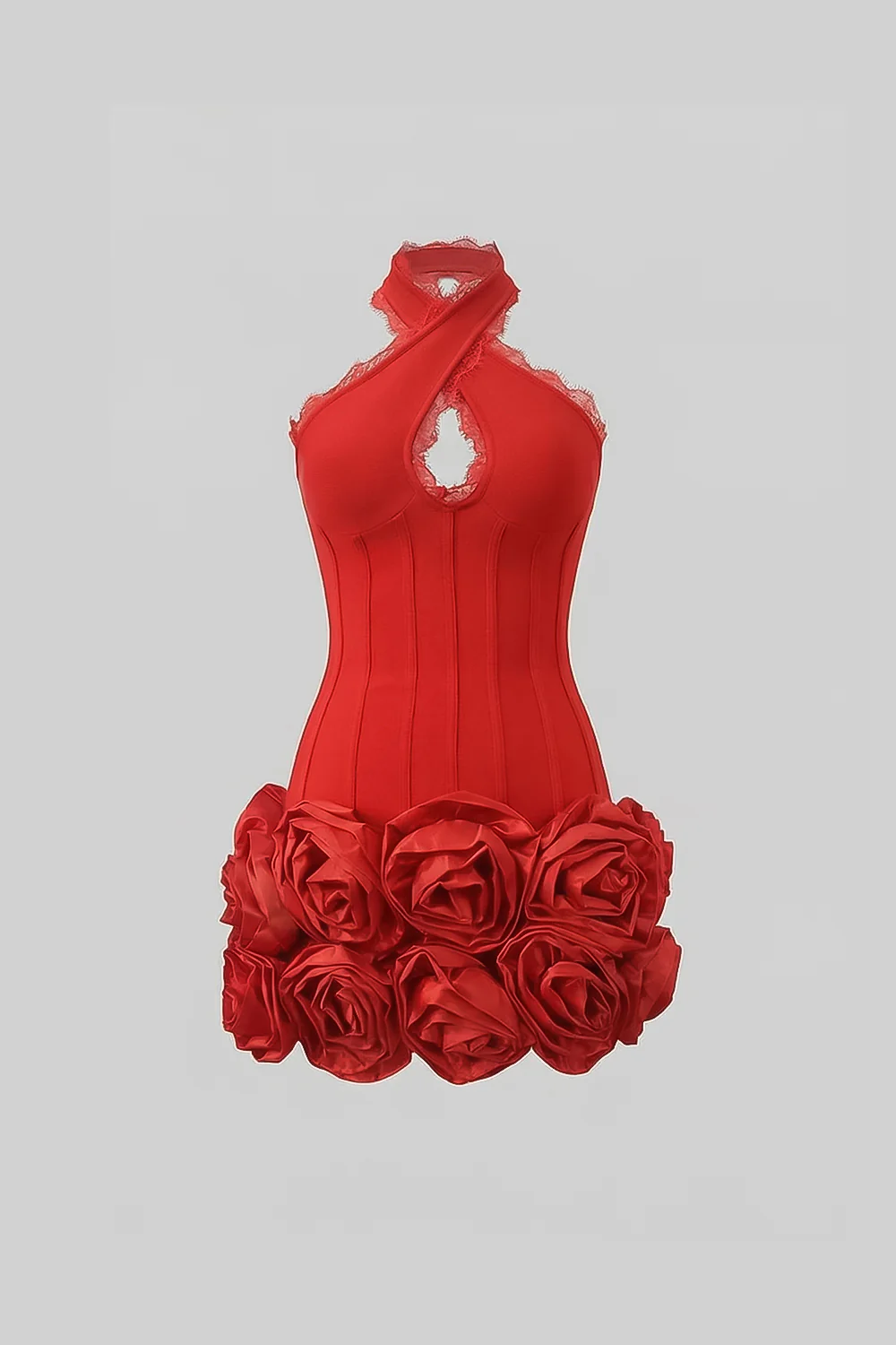Halter Corset Mini Dress with 3D Rose Hem – Red - Image 2