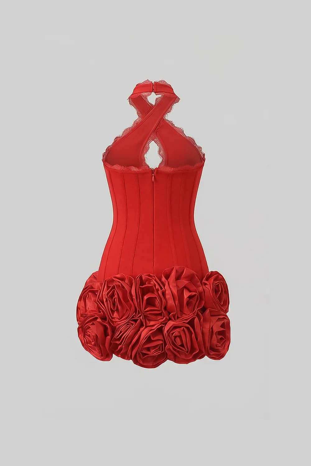 Halter Corset Mini Dress with 3D Rose Hem – Red - Image 5