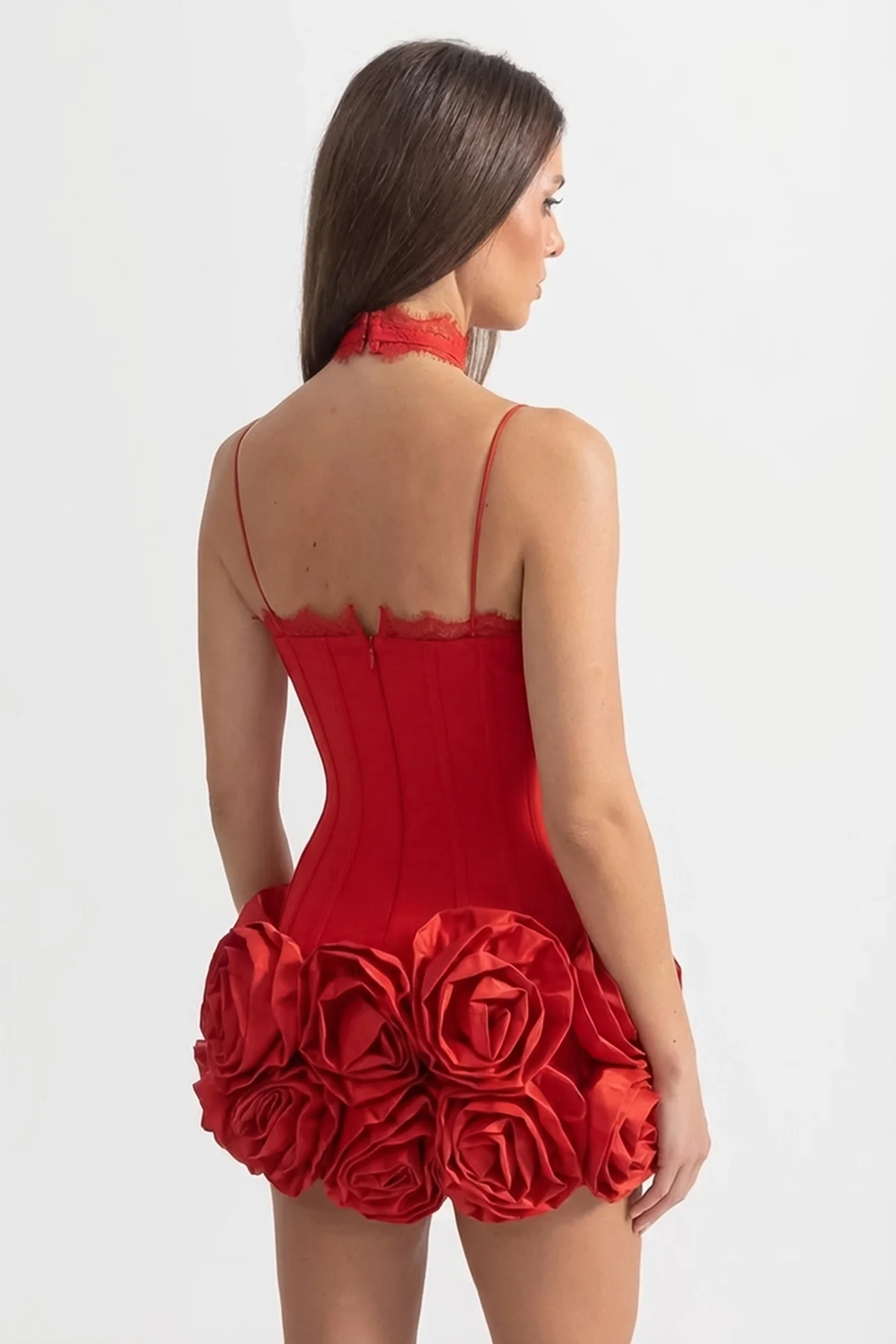 Halter Corset Mini Dress with 3D Rose Hem – Red - Image 6