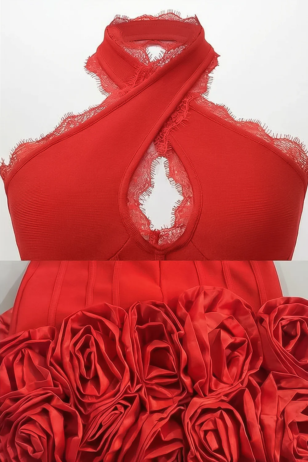 Halter Corset Mini Dress with 3D Rose Hem – Red - Image 7
