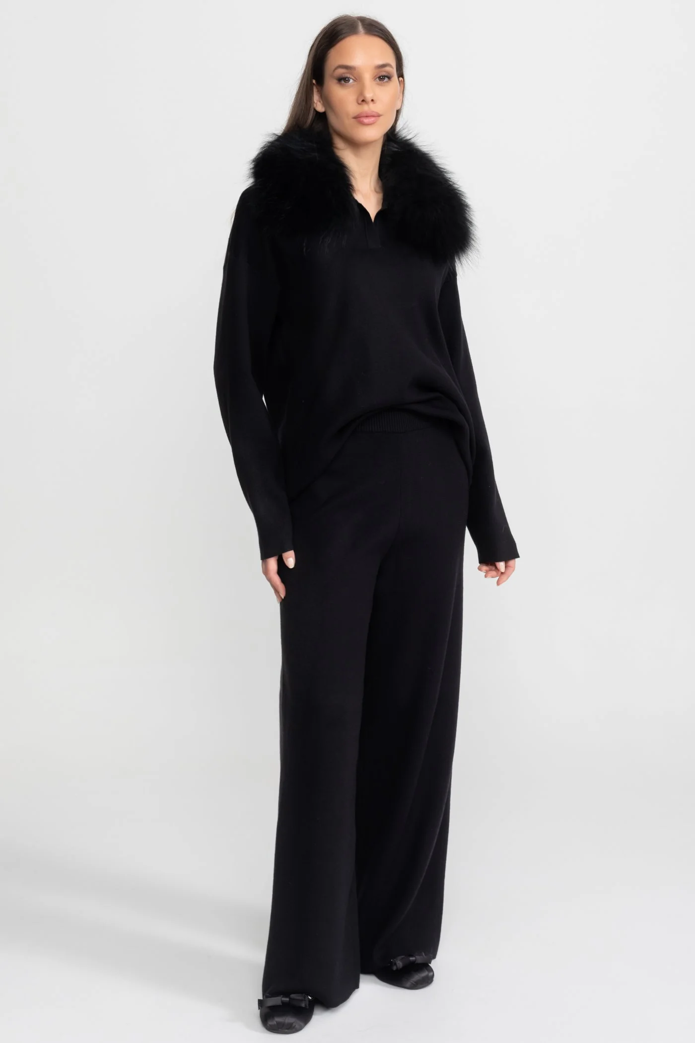 Knit Lounge Co-Ord Set with Fox Fur Collar – Black - Image 3