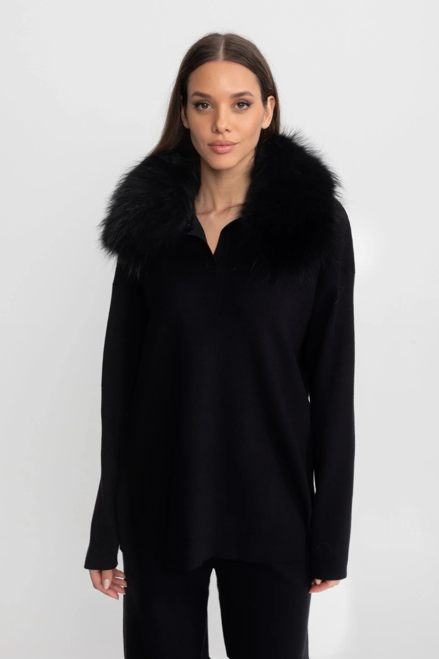 Knit Lounge Co-Ord Set with Fox Fur Collar – Black - Image 4