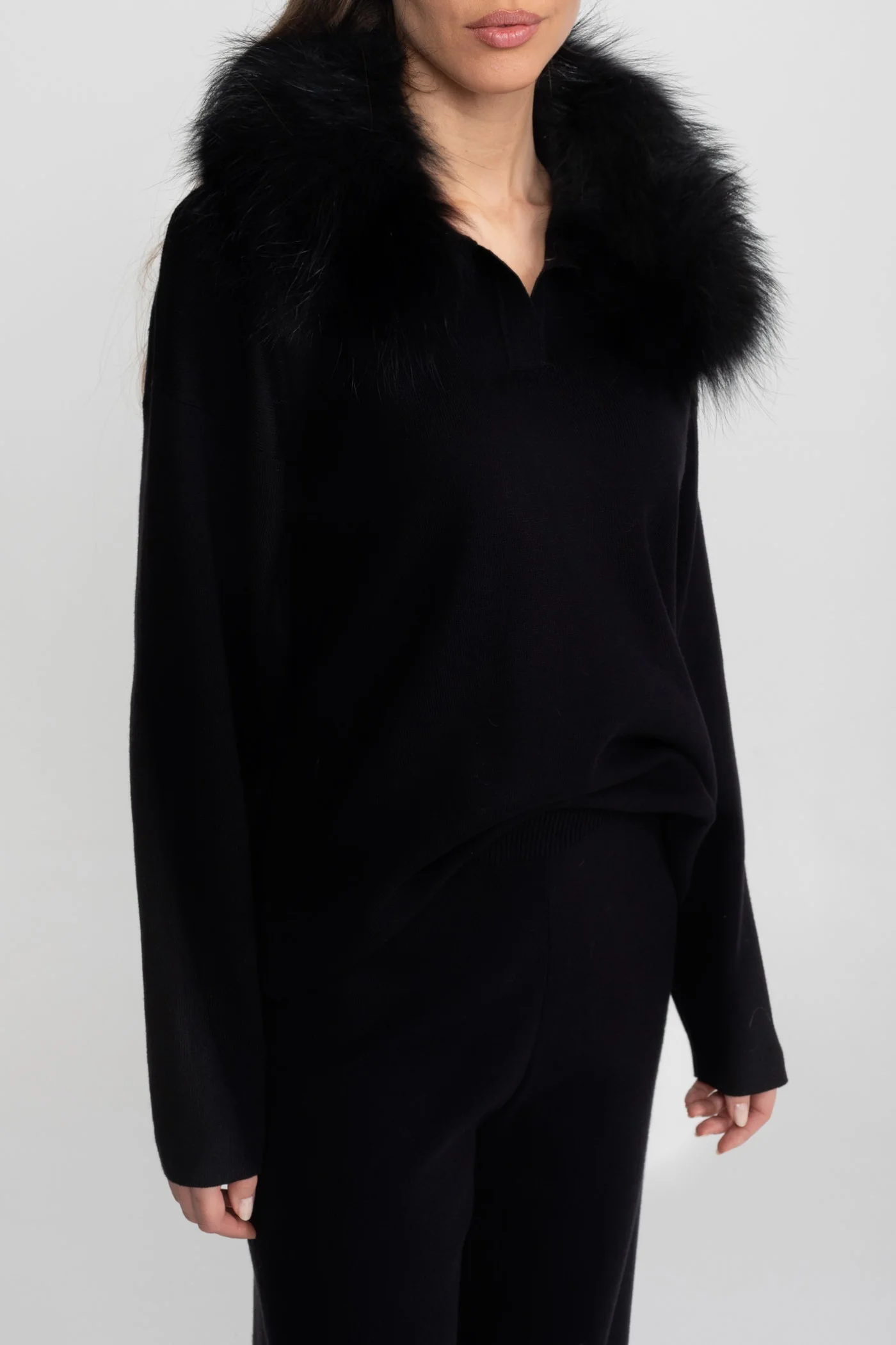 Knit Lounge Co-Ord Set with Fox Fur Collar – Black - Image 5