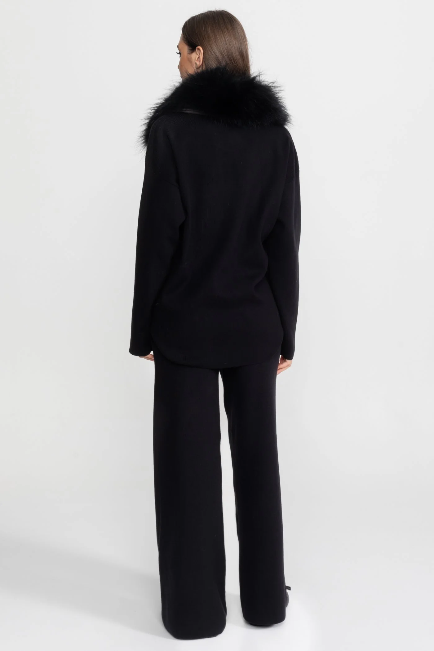 Knit Lounge Co-Ord Set with Fox Fur Collar – Black - Image 6