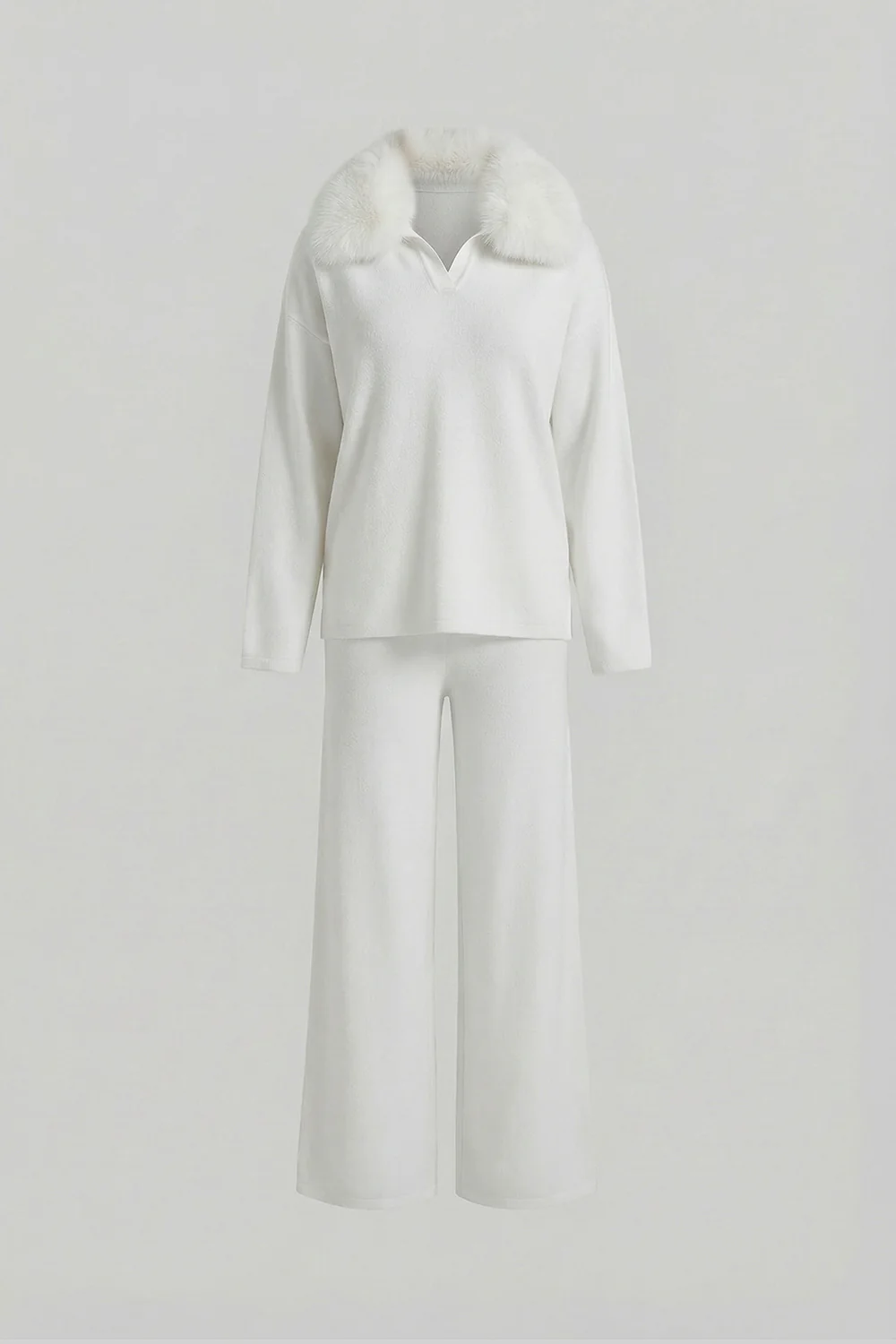 Knit Lounge Co-Ord Set with Fox Fur Collar – White - Image 2