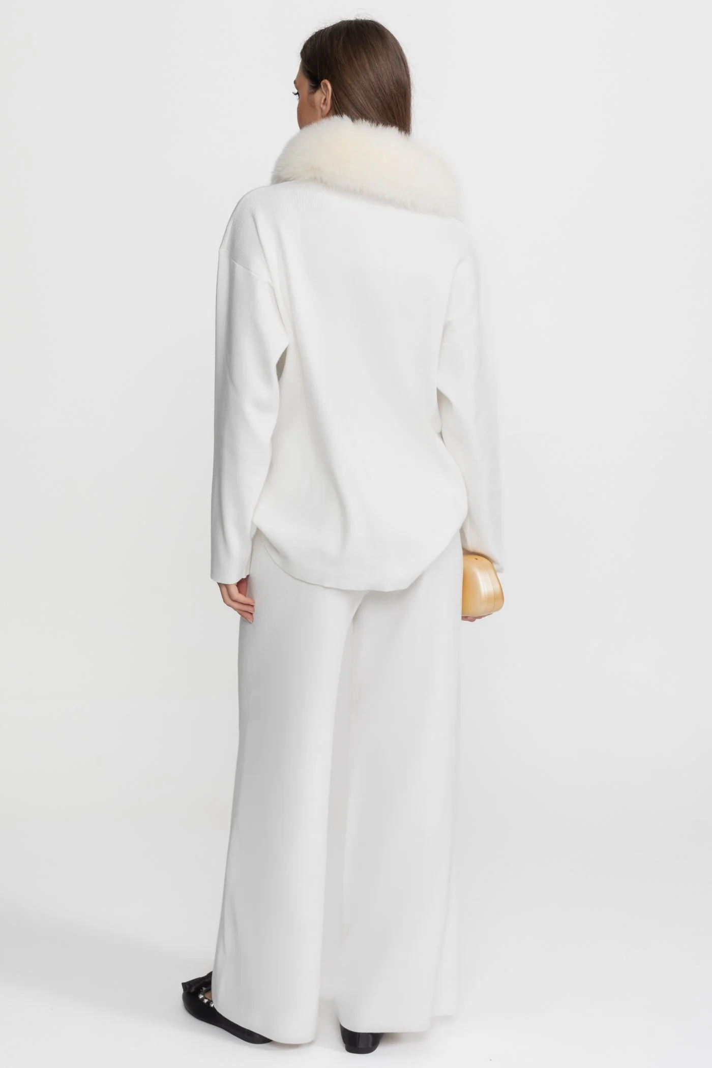 Knit Lounge Co-Ord Set with Fox Fur Collar – White - Image 4