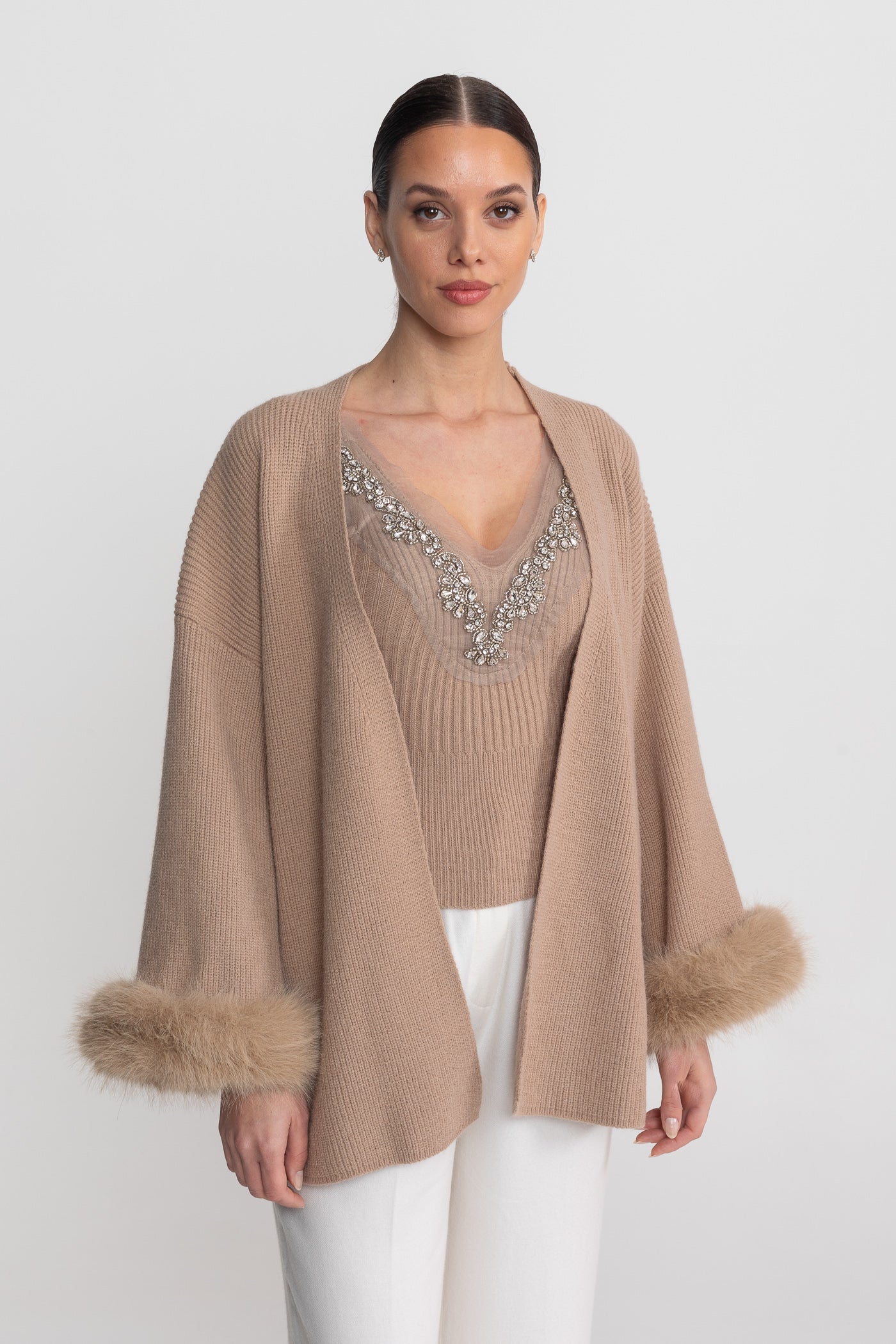 Knit Two Piece Set With Crystal Embellishments And Trim Cuffs - Beige - Image 6