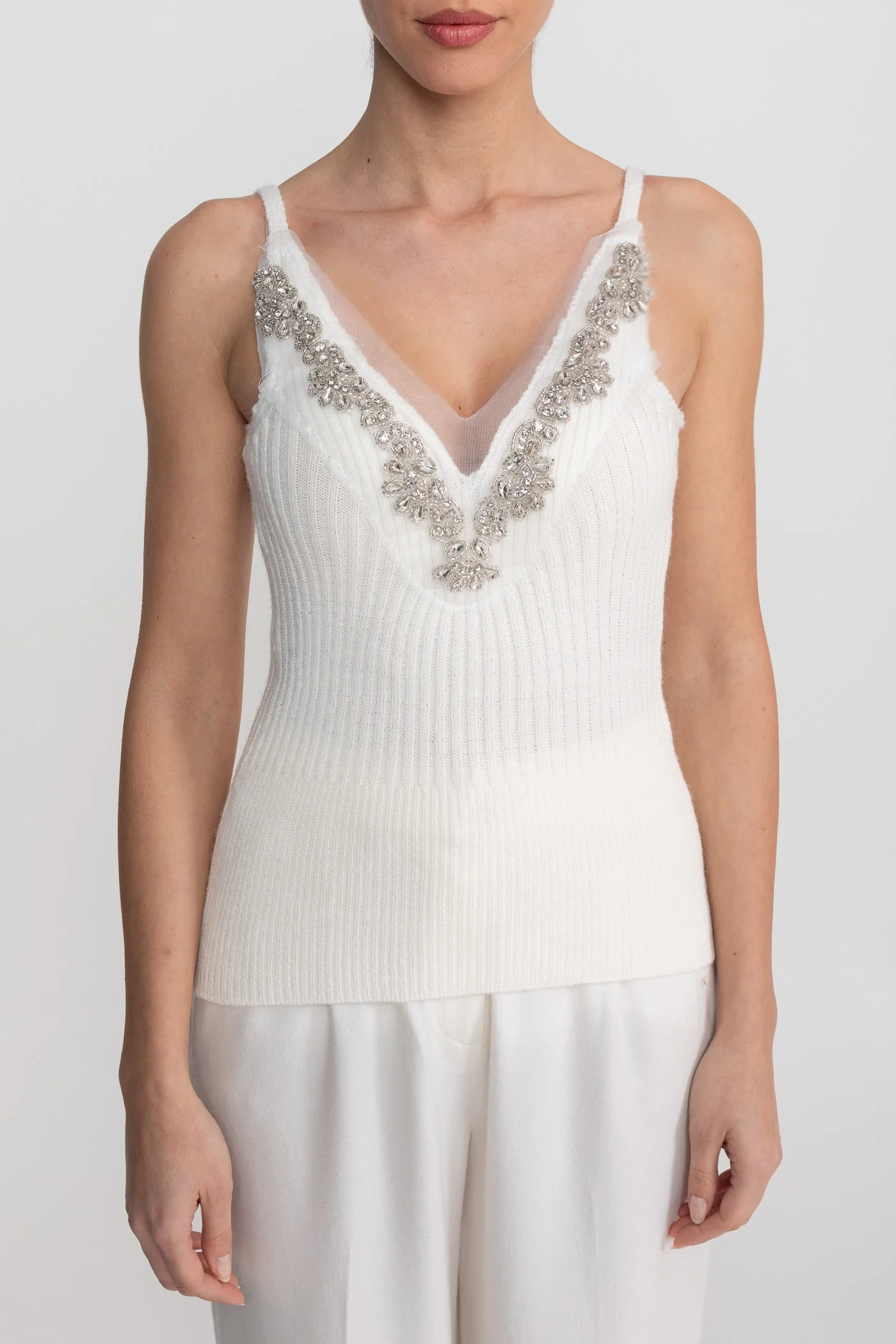 Knit Two Piece Set With Crystal Embellishments And Trim Cuffs - White - Image 5