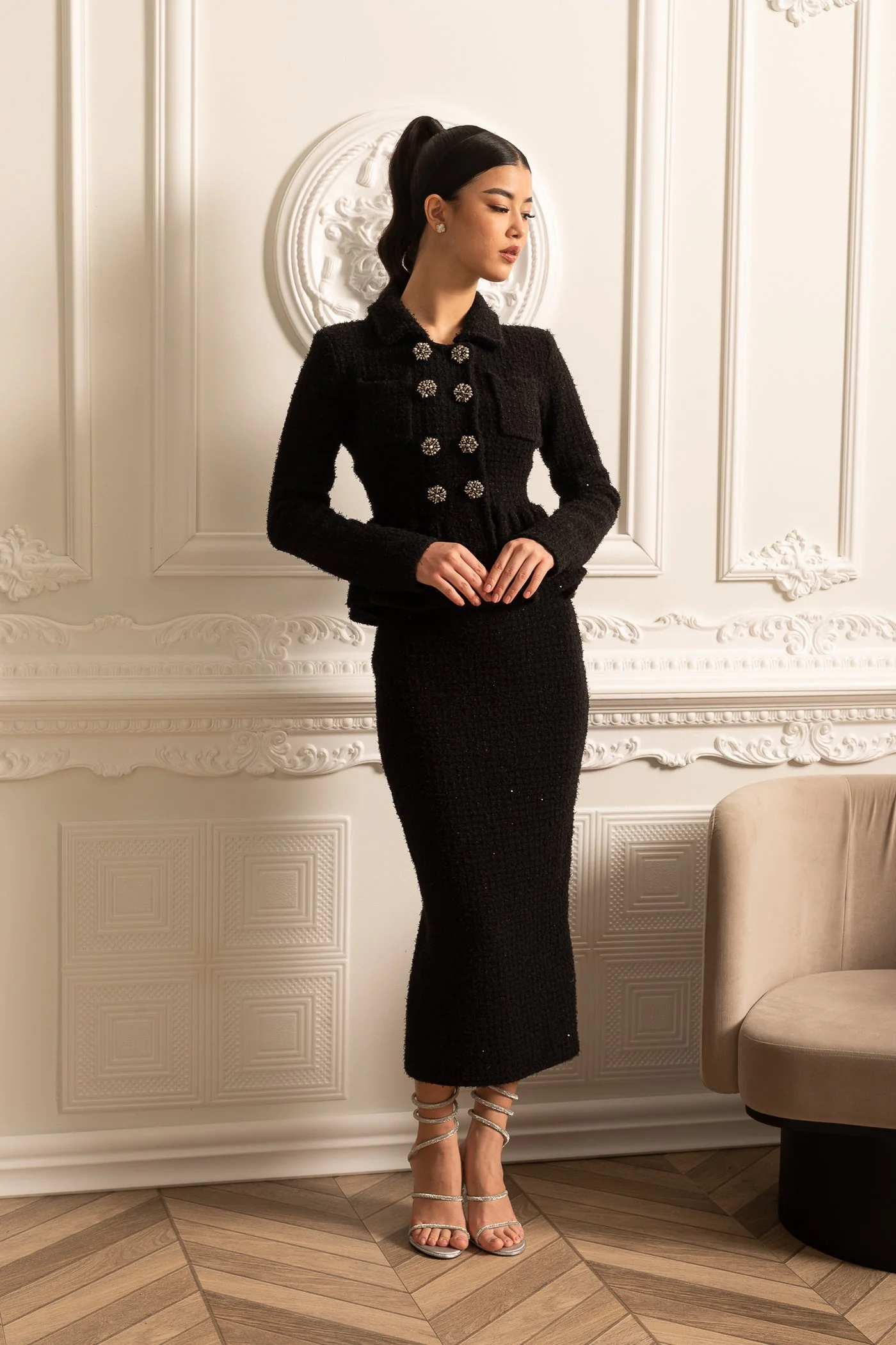 Knitted Textured Dress With Peplum Waist And Decorative Buttons - Black - Image 12