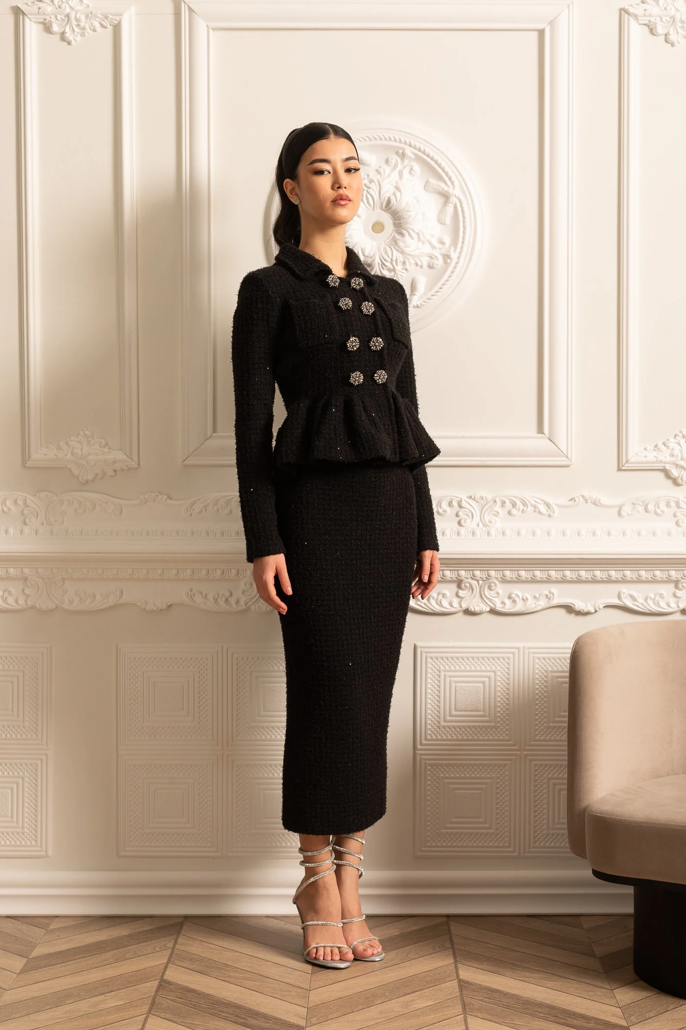 Knitted Textured Dress With Peplum Waist And Decorative Buttons - Black - Image 13
