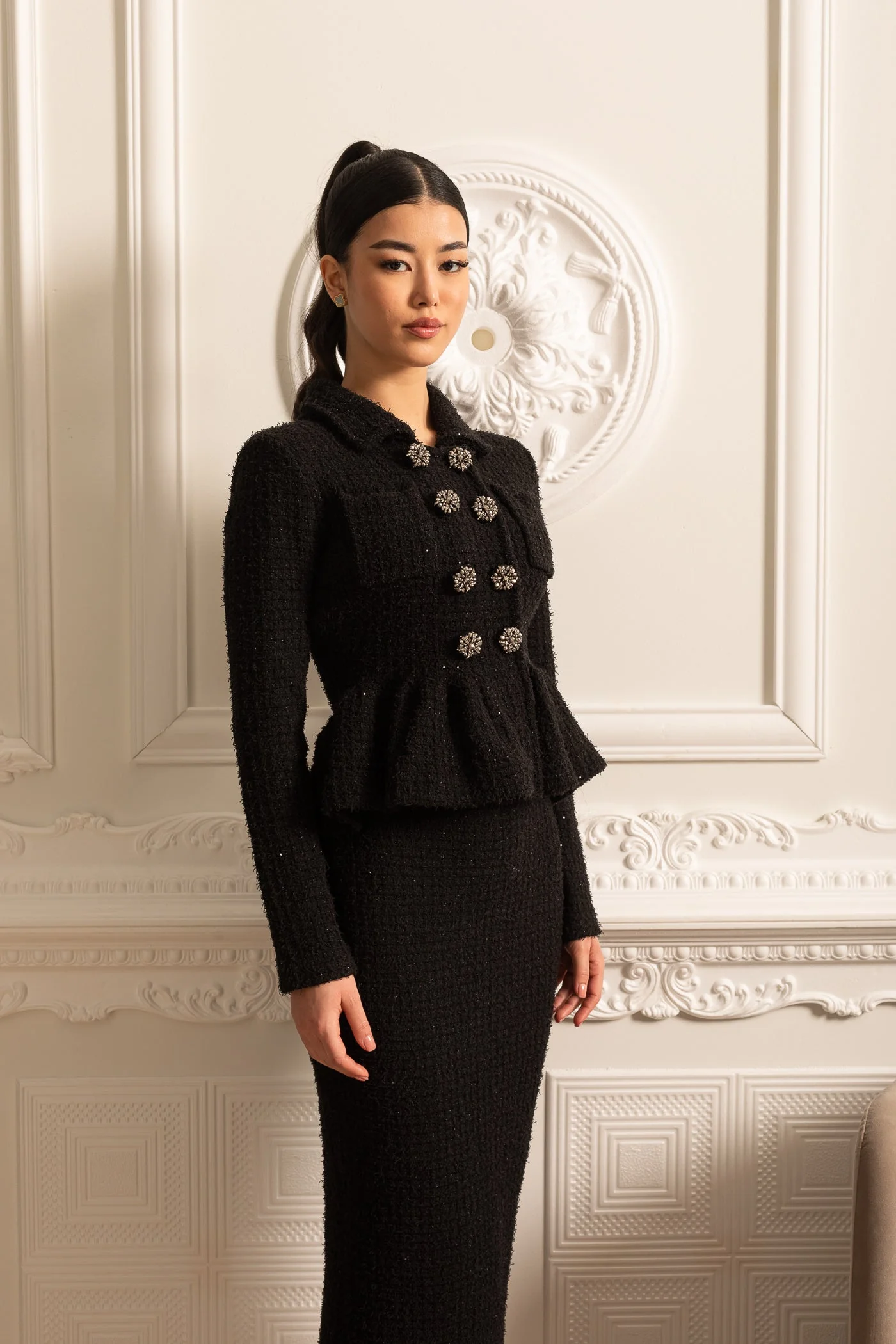 Knitted Textured Dress With Peplum Waist And Decorative Buttons - Black - Image 14