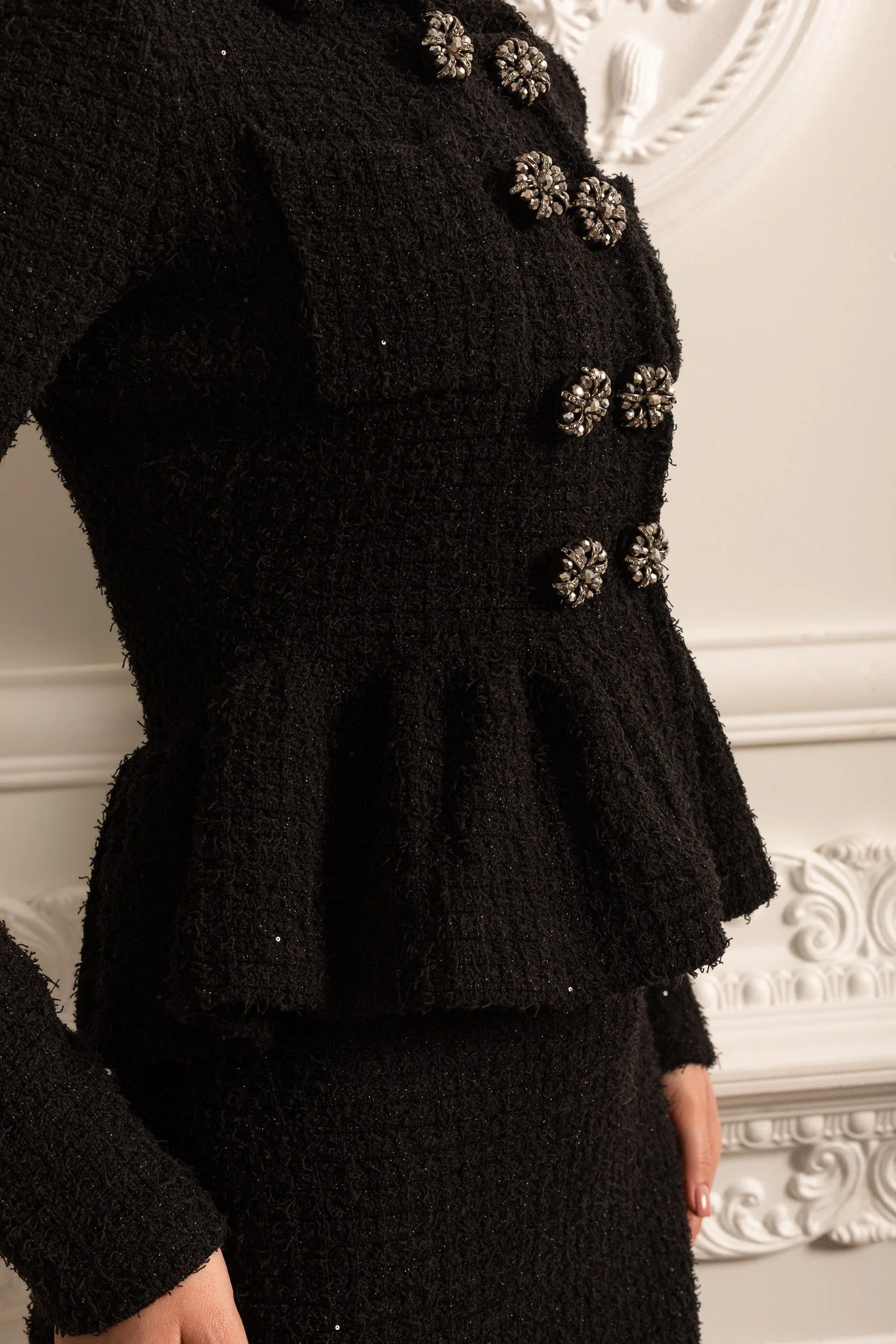 Knitted Textured Dress With Peplum Waist And Decorative Buttons - Black - Image 15