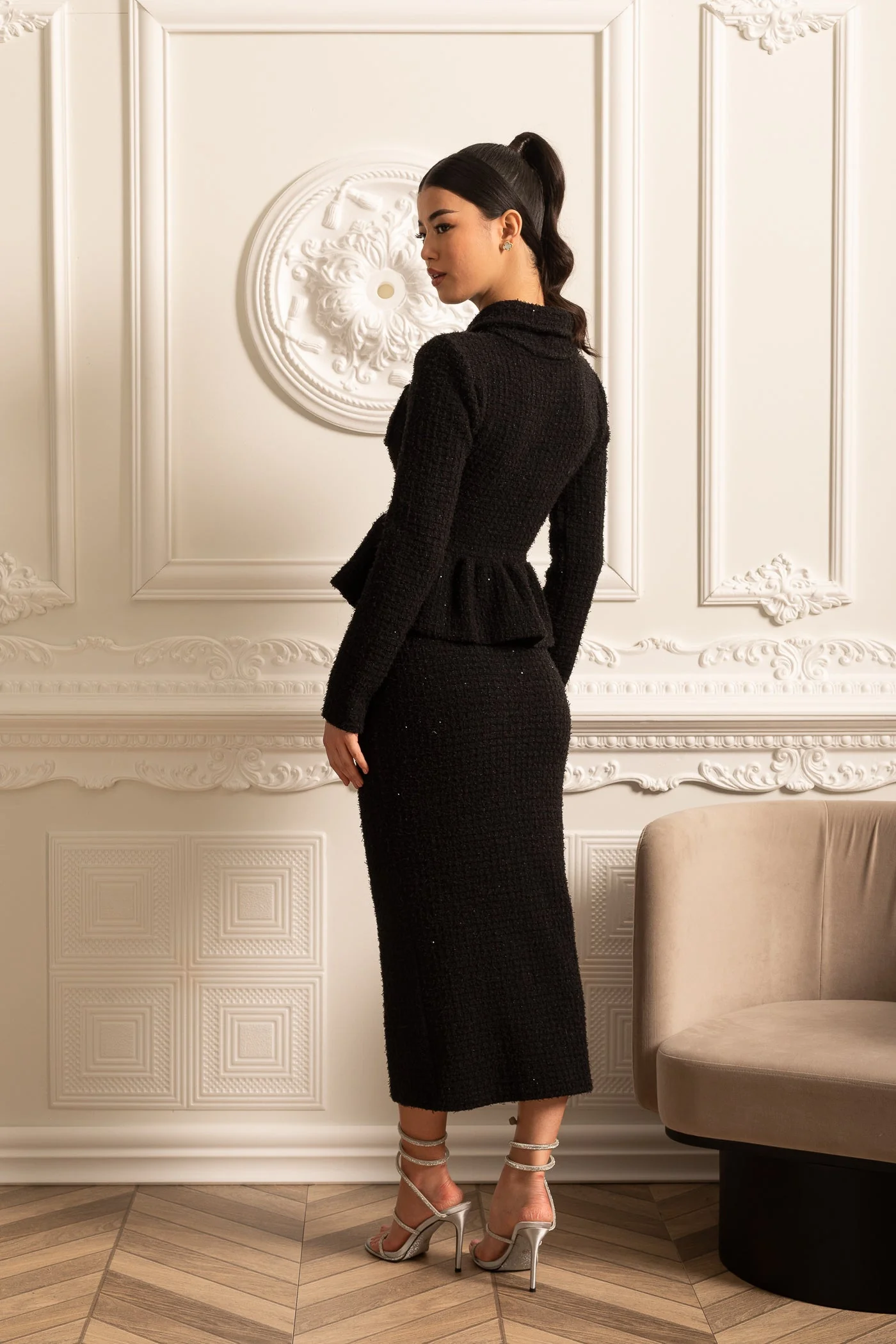 Knitted Textured Dress With Peplum Waist And Decorative Buttons - Black - Image 17