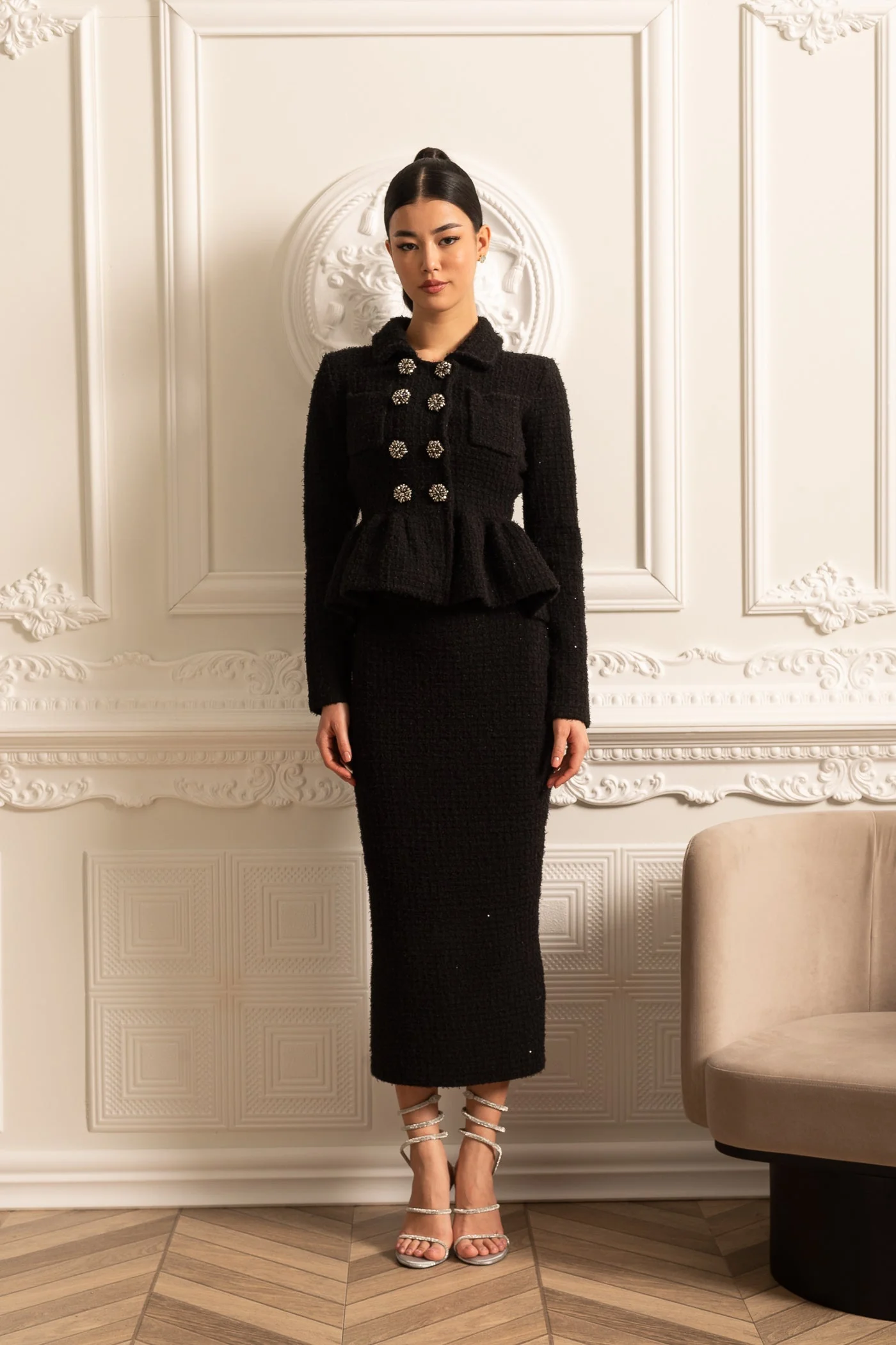 Knitted Textured Dress With Peplum Waist And Decorative Buttons - Black - Image 4