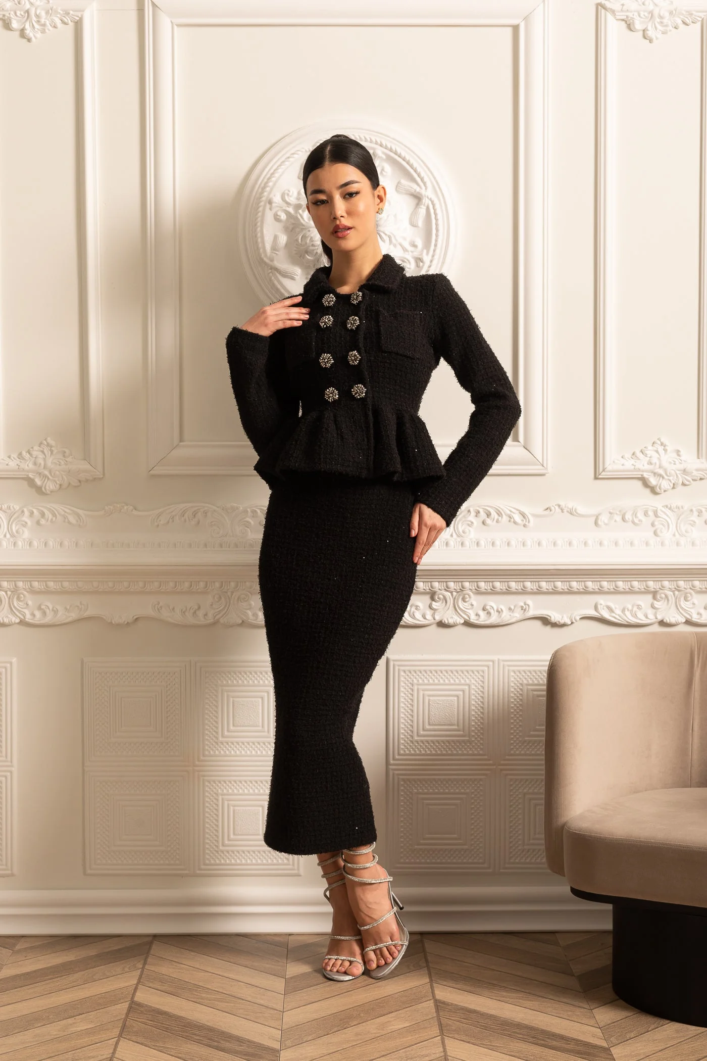 Knitted Textured Dress With Peplum Waist And Decorative Buttons - Black - Image 5
