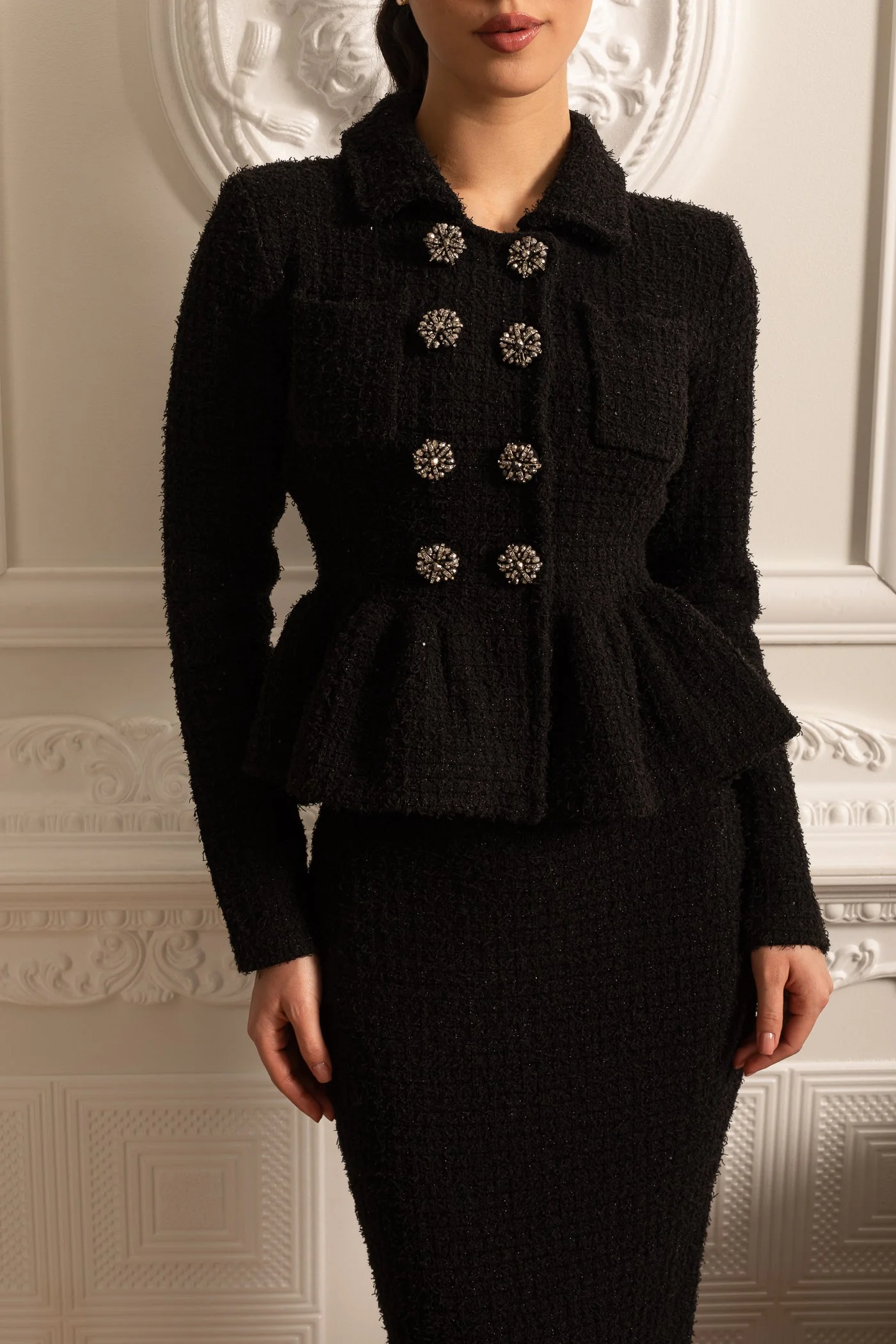 Knitted Textured Dress With Peplum Waist And Decorative Buttons - Black - Image 6