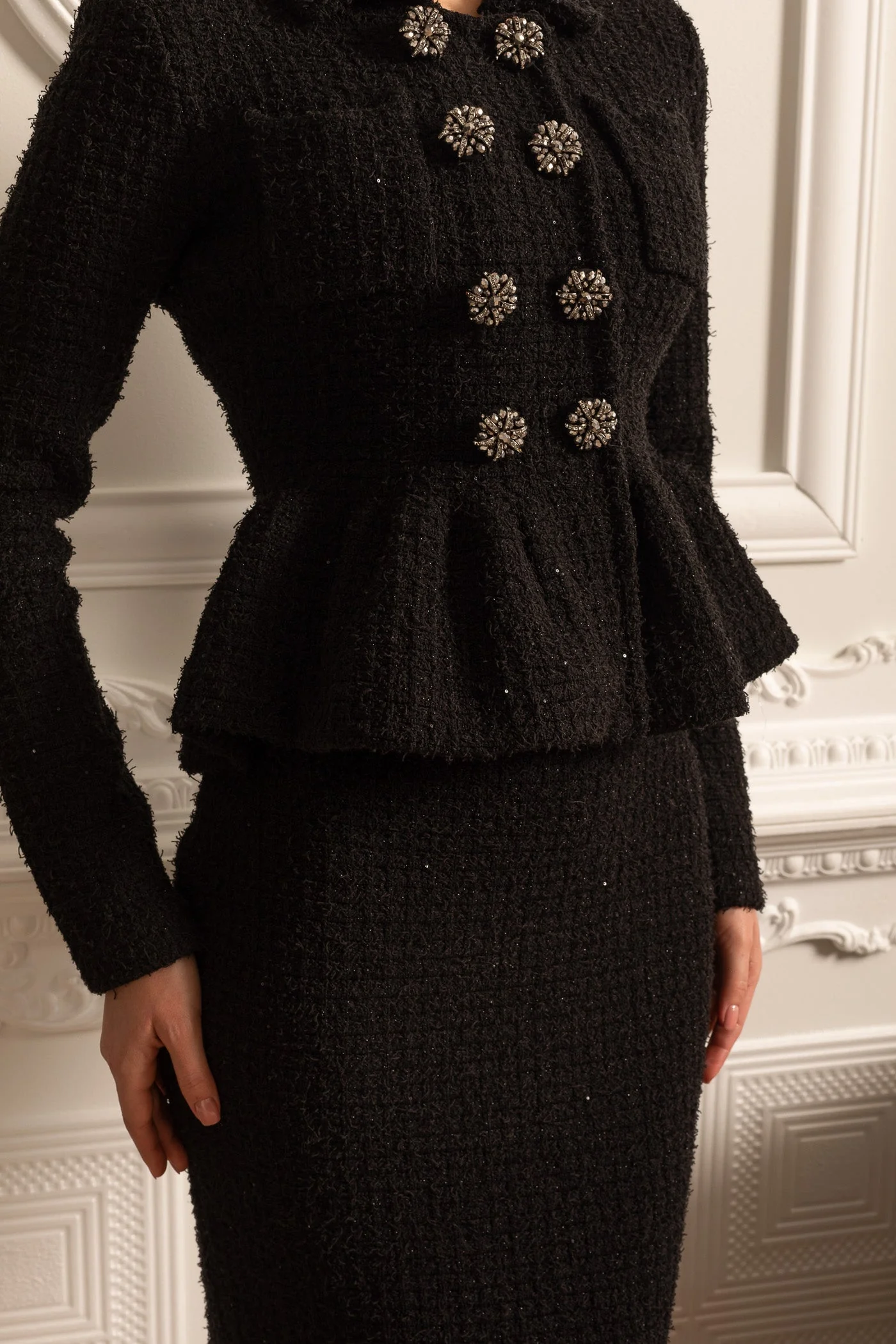 Knitted Textured Dress With Peplum Waist And Decorative Buttons - Black - Image 7