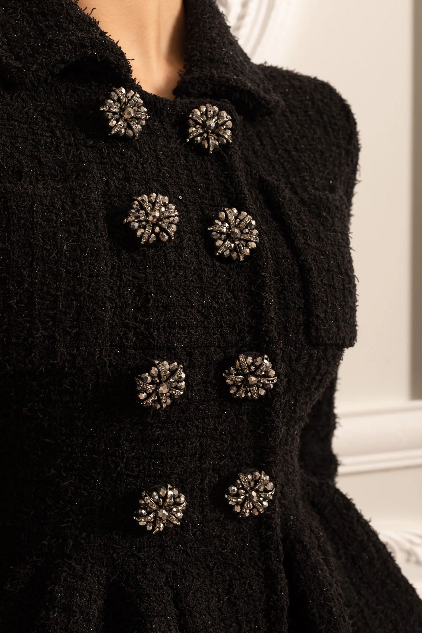 Knitted Textured Dress With Peplum Waist And Decorative Buttons - Black - Image 8