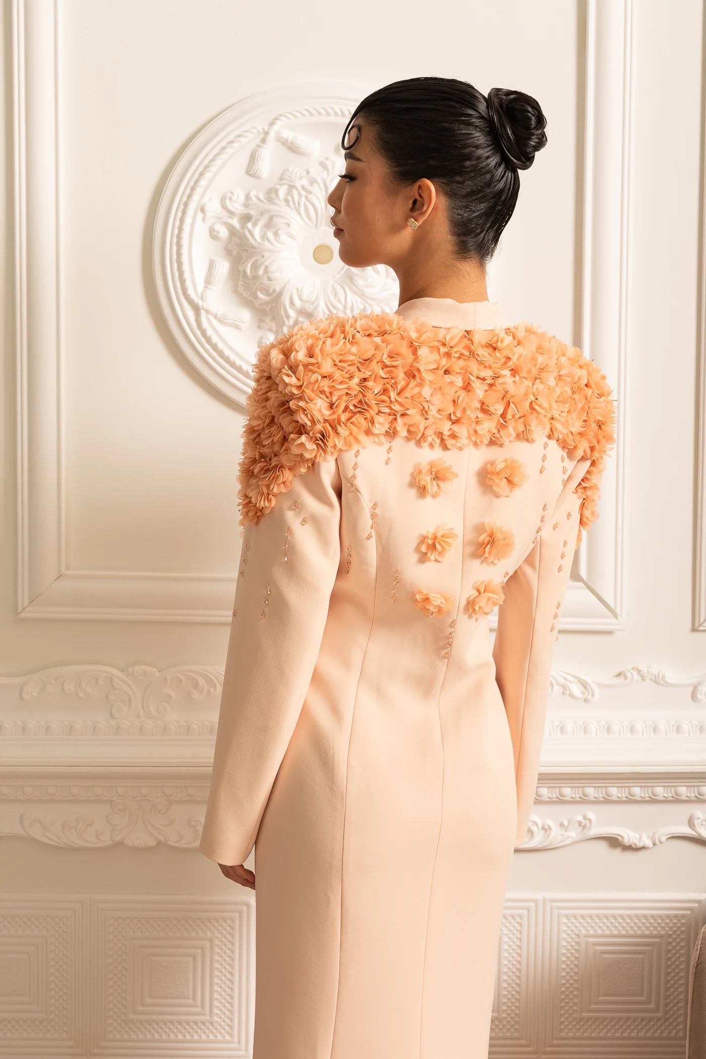 Long Blazer With 3D Contrasting Floral Shoulder And Back Accents - Peach - Image 11