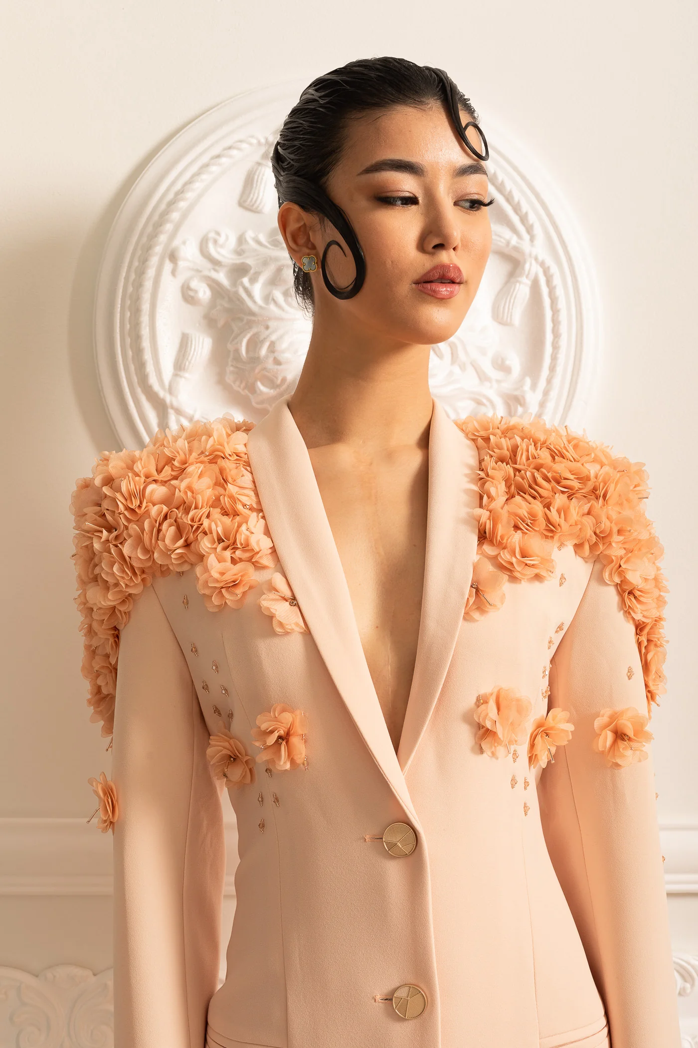 Long Blazer With 3D Contrasting Floral Shoulder And Back Accents - Peach - Image 3