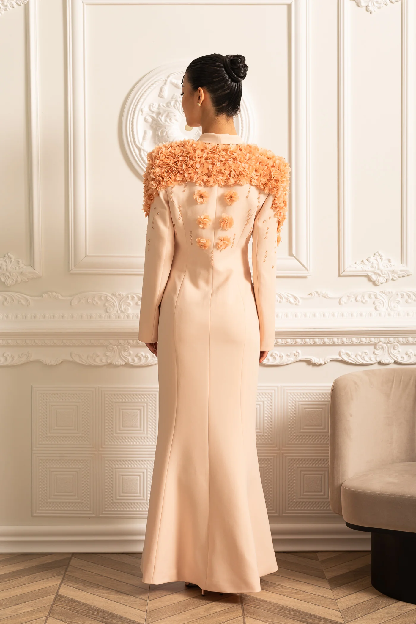 Long Blazer With 3D Contrasting Floral Shoulder And Back Accents - Peach - Image 4