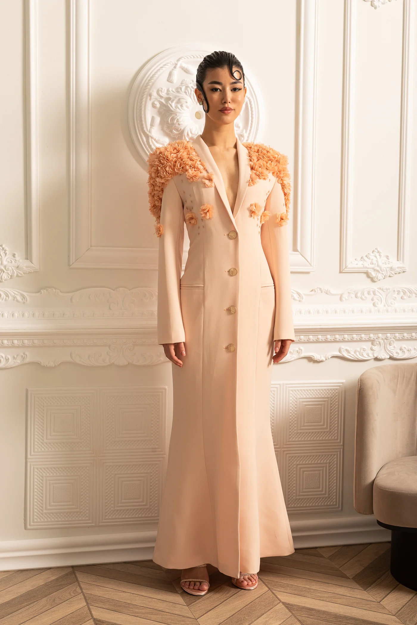 Long Blazer With 3D Contrasting Floral Shoulder And Back Accents - Peach - Image 5