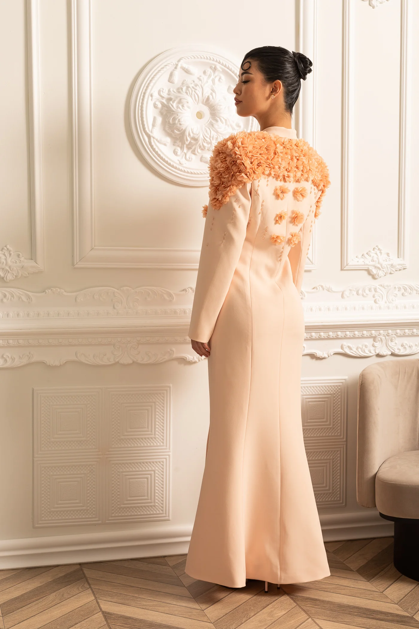 Long Blazer With 3D Contrasting Floral Shoulder And Back Accents - Peach - Image 6