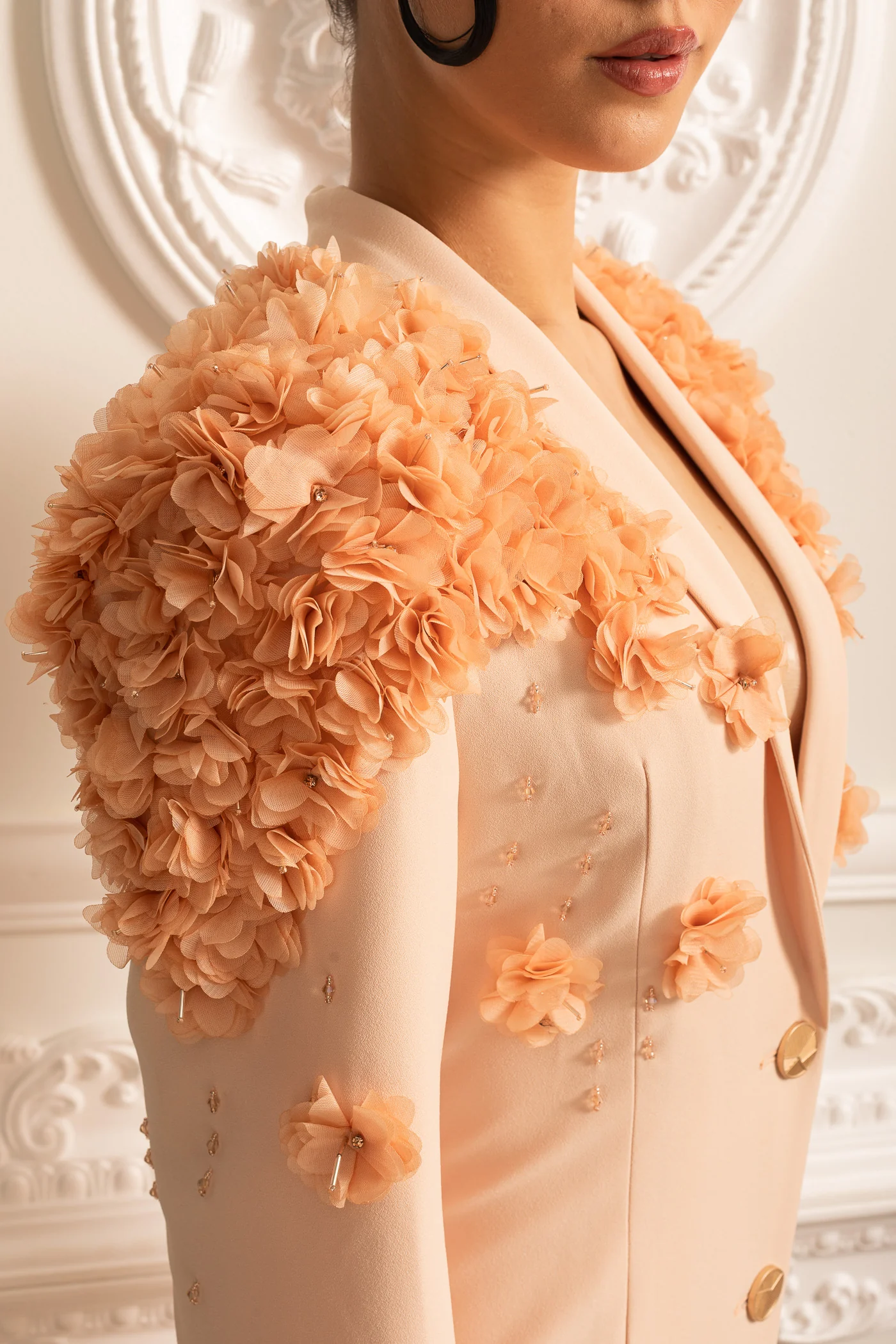Long Blazer With 3D Contrasting Floral Shoulder And Back Accents - Peach - Image 7