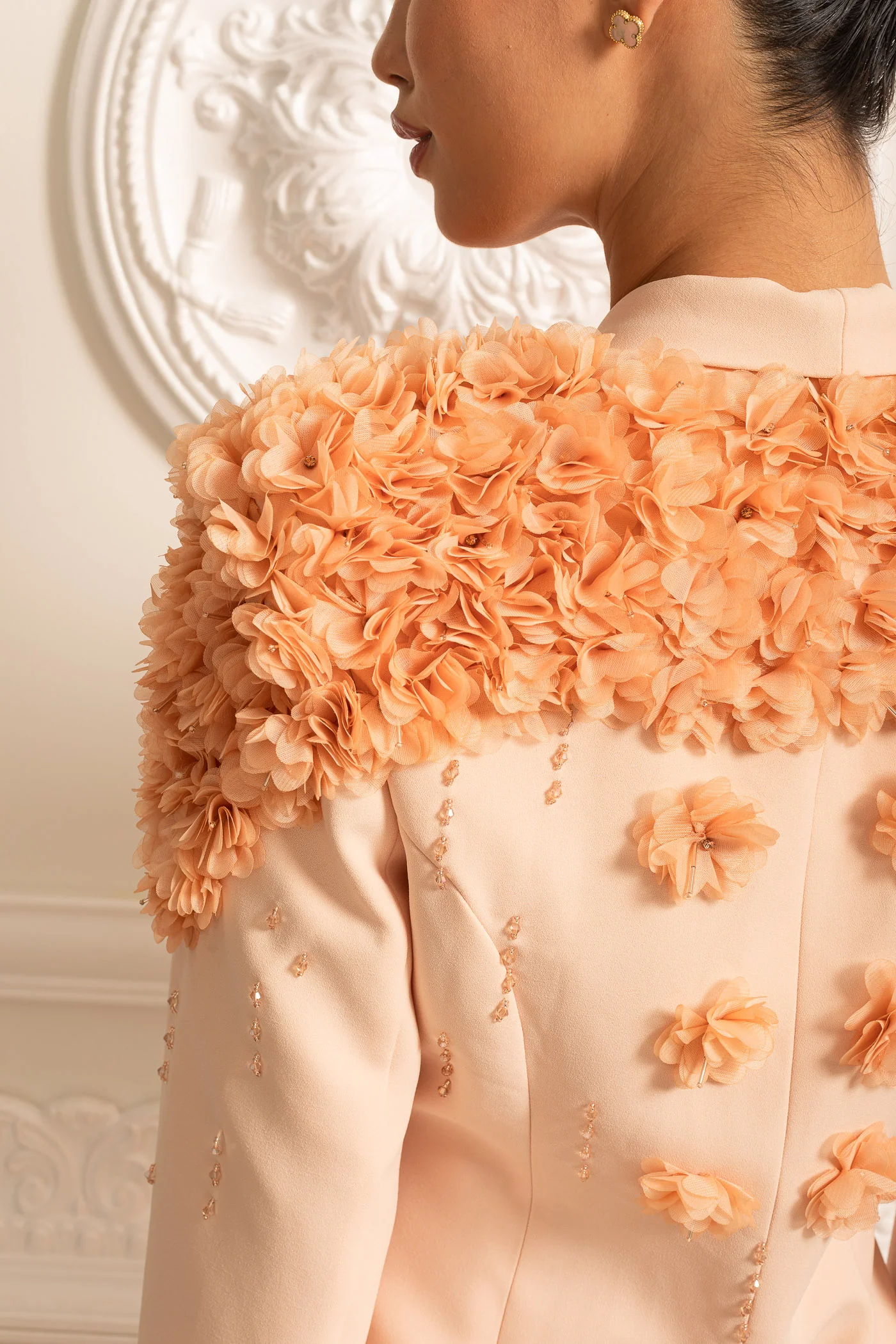 Long Blazer With 3D Contrasting Floral Shoulder And Back Accents - Peach - Image 8