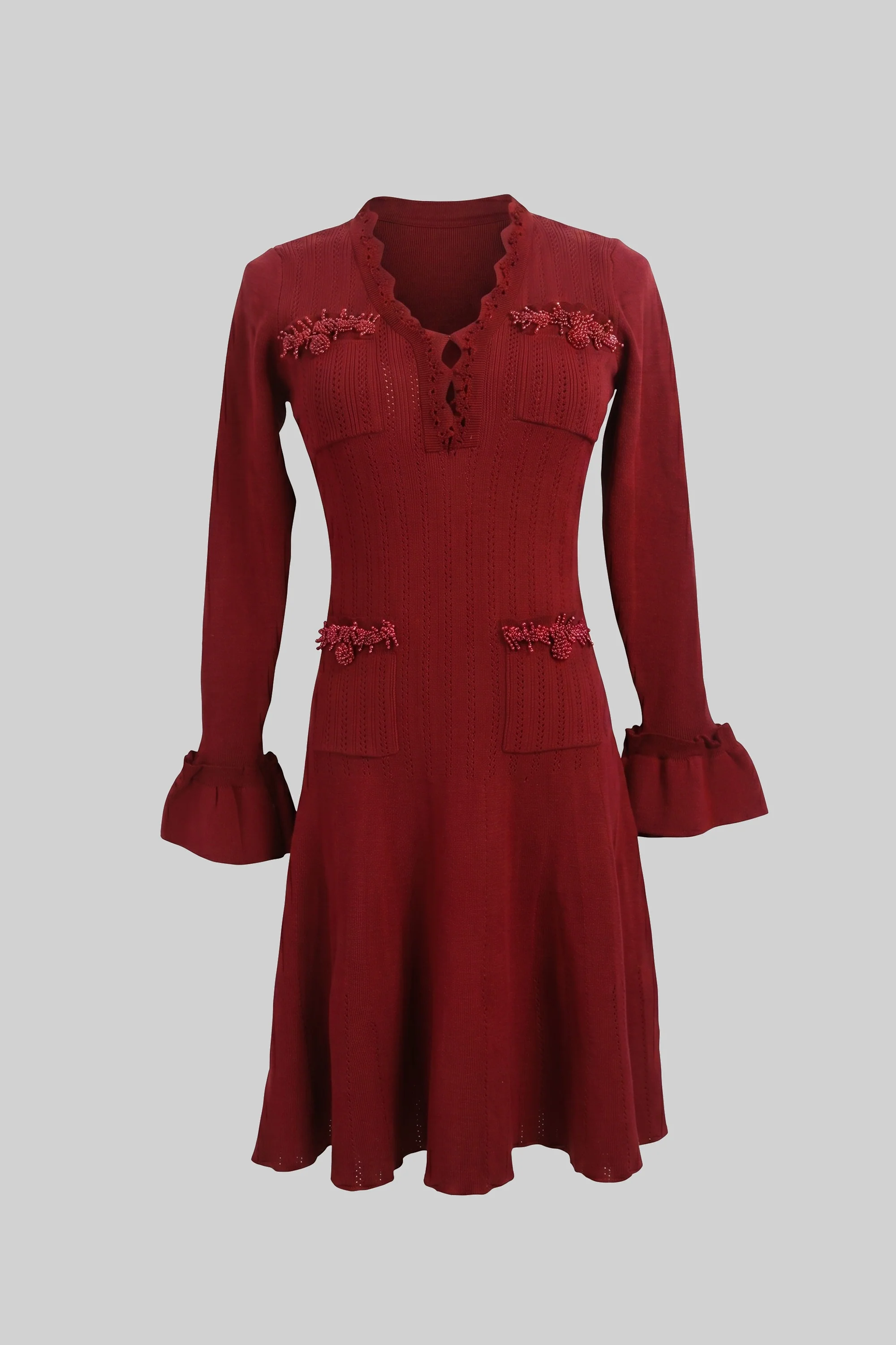Long-Sleeve V-Neck Knit Mini Dress With Ruffle Hem And Bow Cuffs - Burgundy - Image 2