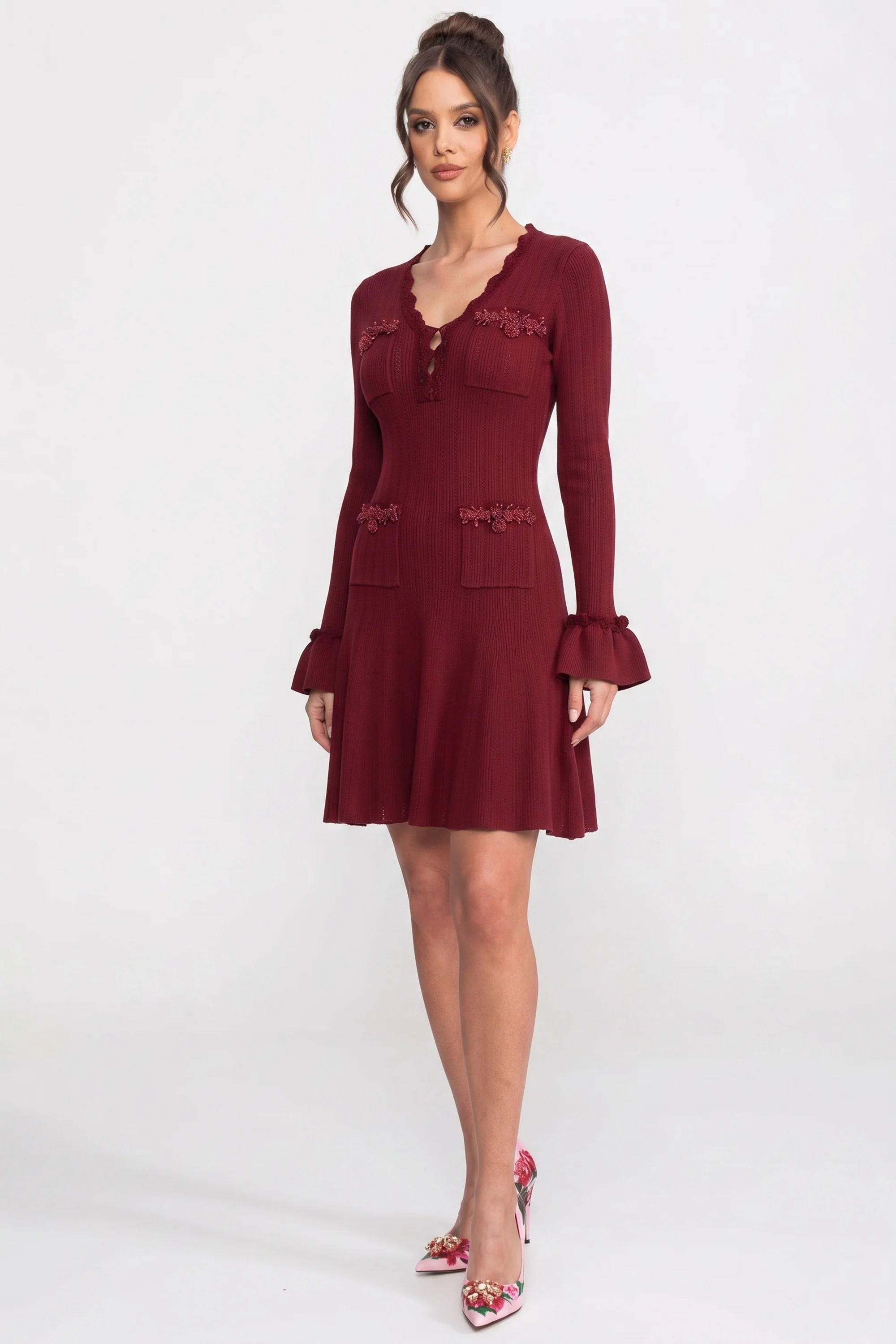 Long-Sleeve V-Neck Knit Mini Dress With Ruffle Hem And Bow Cuffs - Burgundy - Image 3