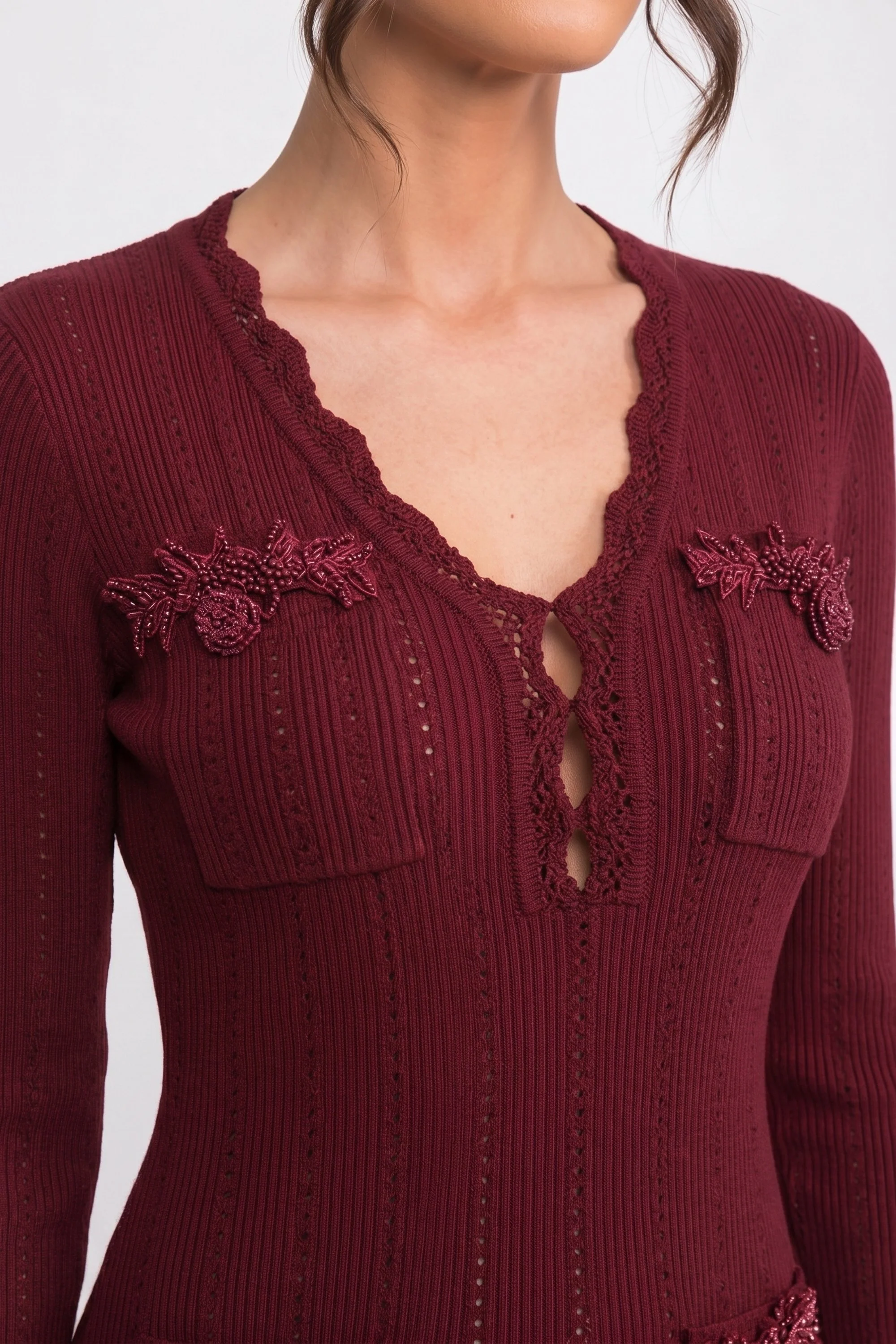 Long-Sleeve V-Neck Knit Mini Dress With Ruffle Hem And Bow Cuffs - Burgundy - Image 4