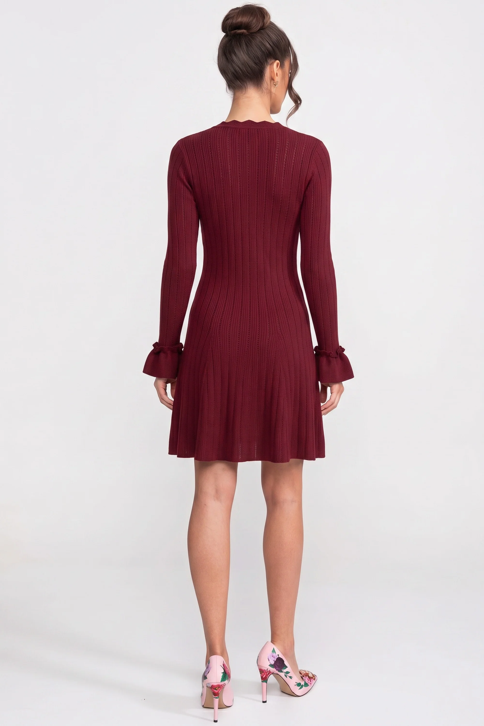 Long-Sleeve V-Neck Knit Mini Dress With Ruffle Hem And Bow Cuffs - Burgundy - Image 5