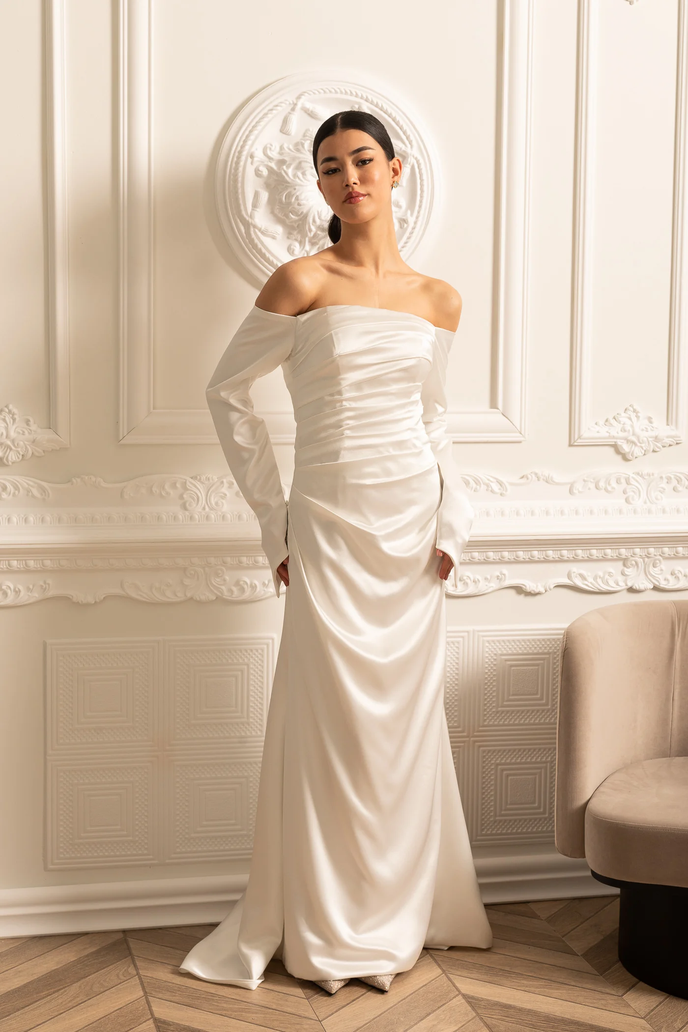 Off-Shoulder Satin Dress With Ruched Design And Draping Skirt - White - Image 11